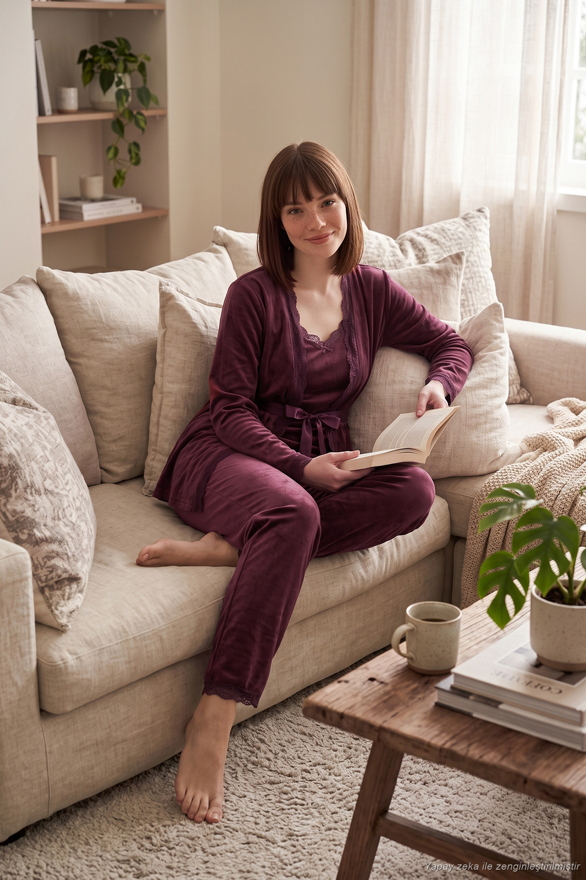 Lela Regular Fit Dantelli Yumuşak Dokulu Sabahlıklı Kadife Pijama Takımı Kadın PİJAMA TAKIMI 6095545