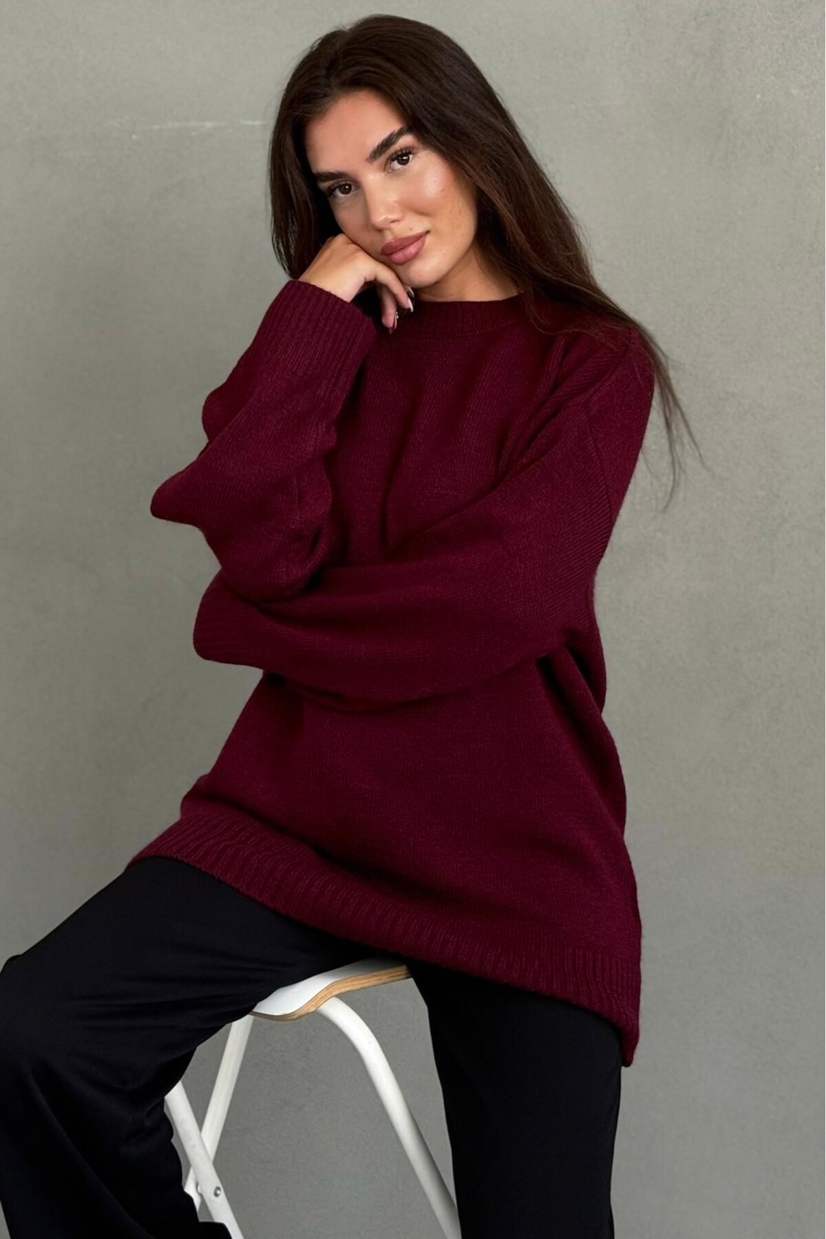 Madmext Bordo Bisiklet Yaka Oversize Uzun Kadın Triko Kazak MG2890 görsel 7