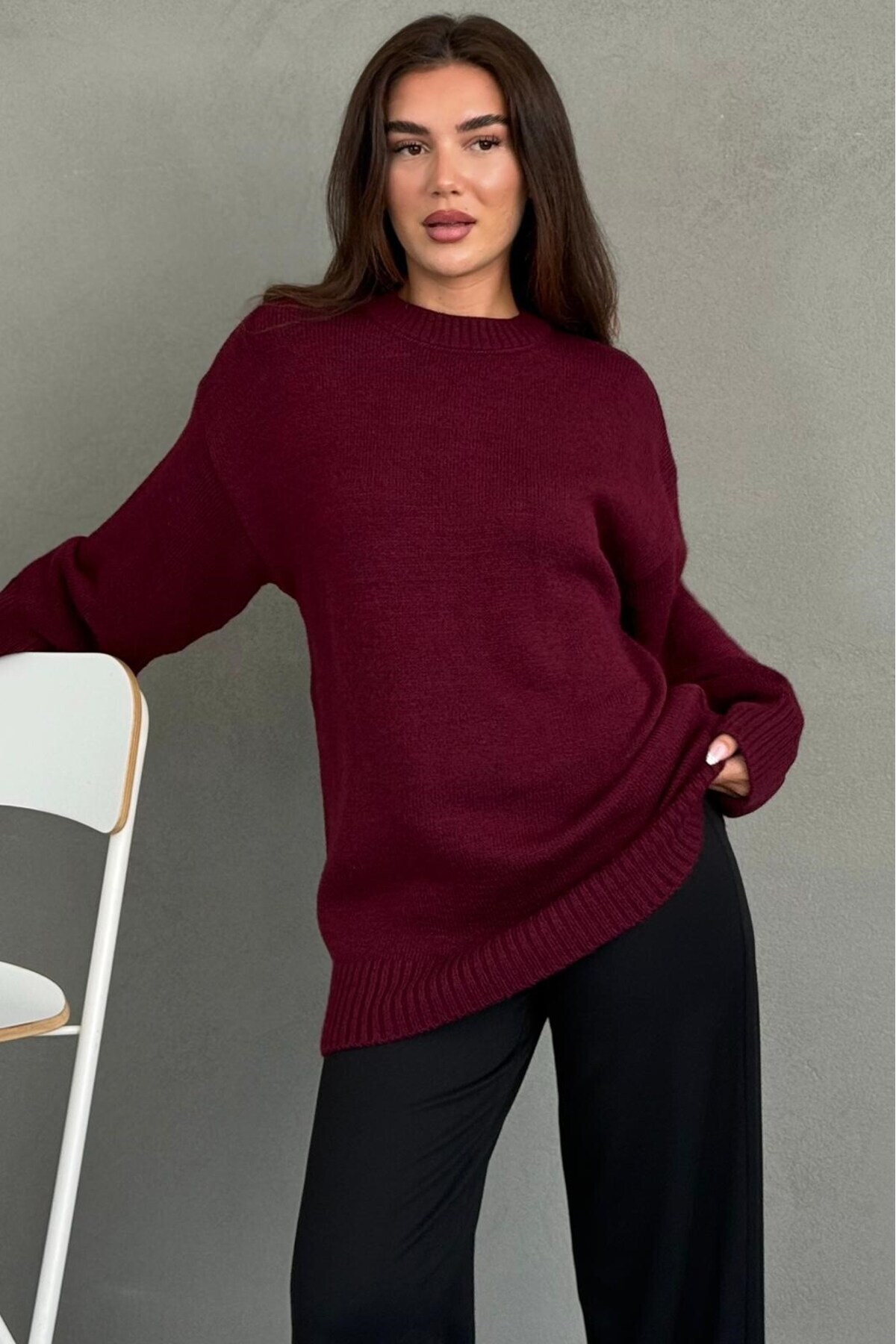 Madmext Bordo Bisiklet Yaka Oversize Uzun Kadın Triko Kazak MG2890 görsel 3
