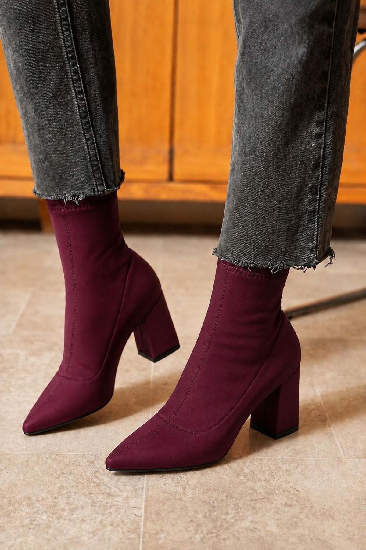 dabab shoes RACHEL Kadın Bordo Sivri Burun Dalgıç Streç 7 Cm Kalın Topuklu Çorap Bot Bootie görsel 4
