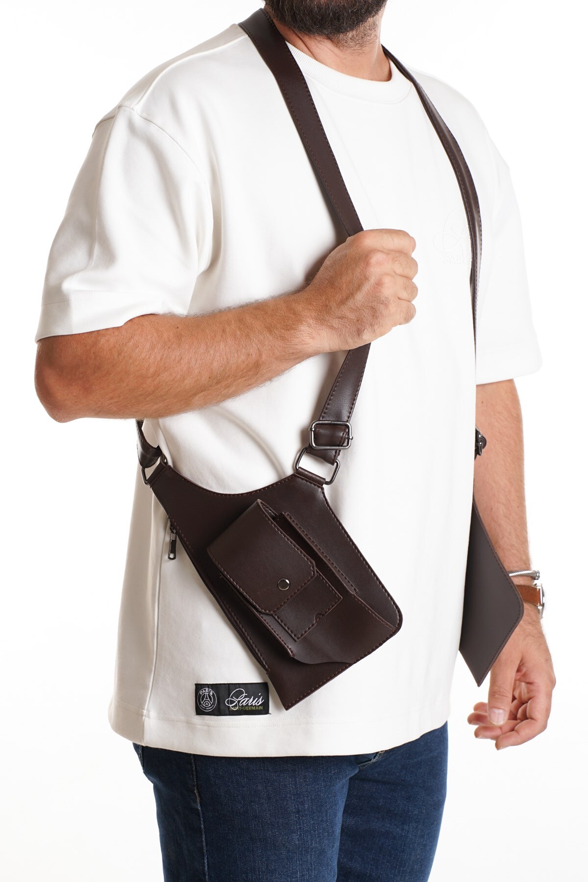 Newish Polo Erkek Siyah Vegan Deri Çapraz Askılı Çok Cepli Harness Göğüs Çantası görsel 2