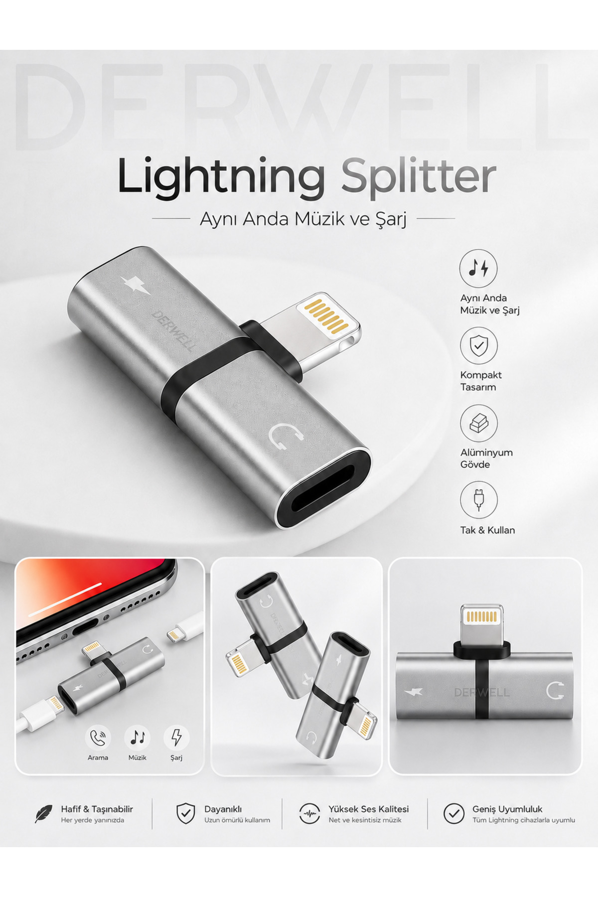 iPhone Uyumlu Çift Lightning Dönüştürücü Çoklayıcı Adaptör Aynı Anda Kesintisiz Şarj Ve Müzik Dinleme Aparatı Kulaklık Çevirici Hub Premium Alüminyum Gövde Sağlam Dayanıklı Minimal Splitter
