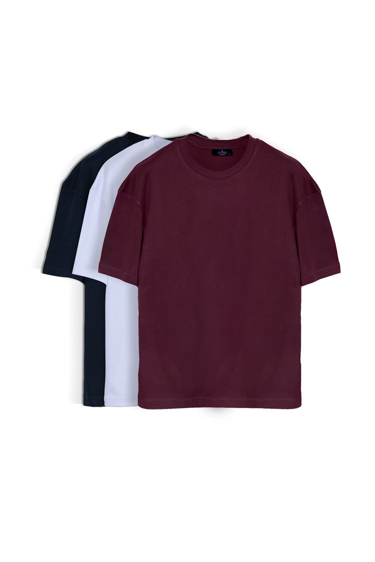 Tudors Unisex Oversize Geniş Kesim %100 Pamuk 3'lü Paket Lacivert-Beyaz-Bordo Bisiklet Yaka Tişört