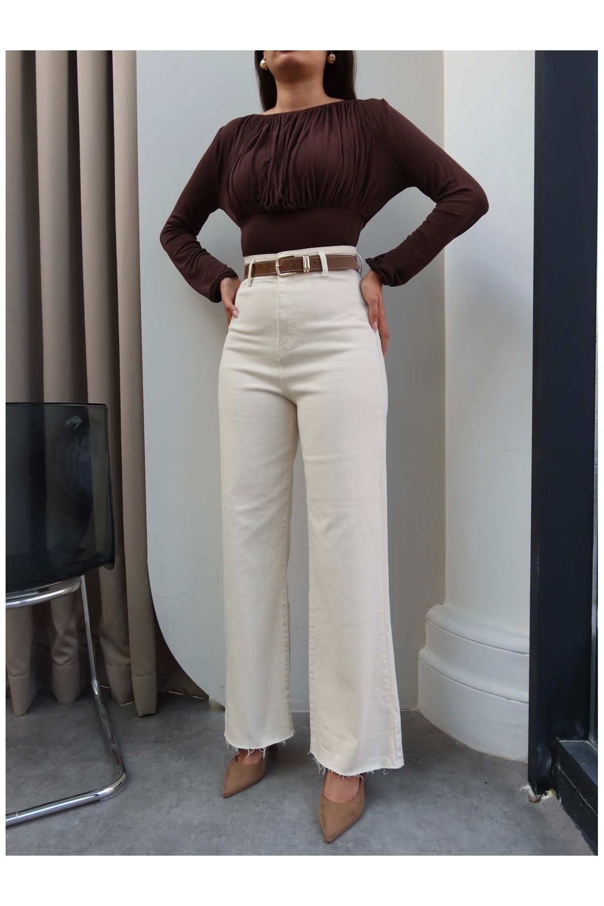 ESRAHELVACI Yüksek Bel Kemerli Wide Leg Jean
