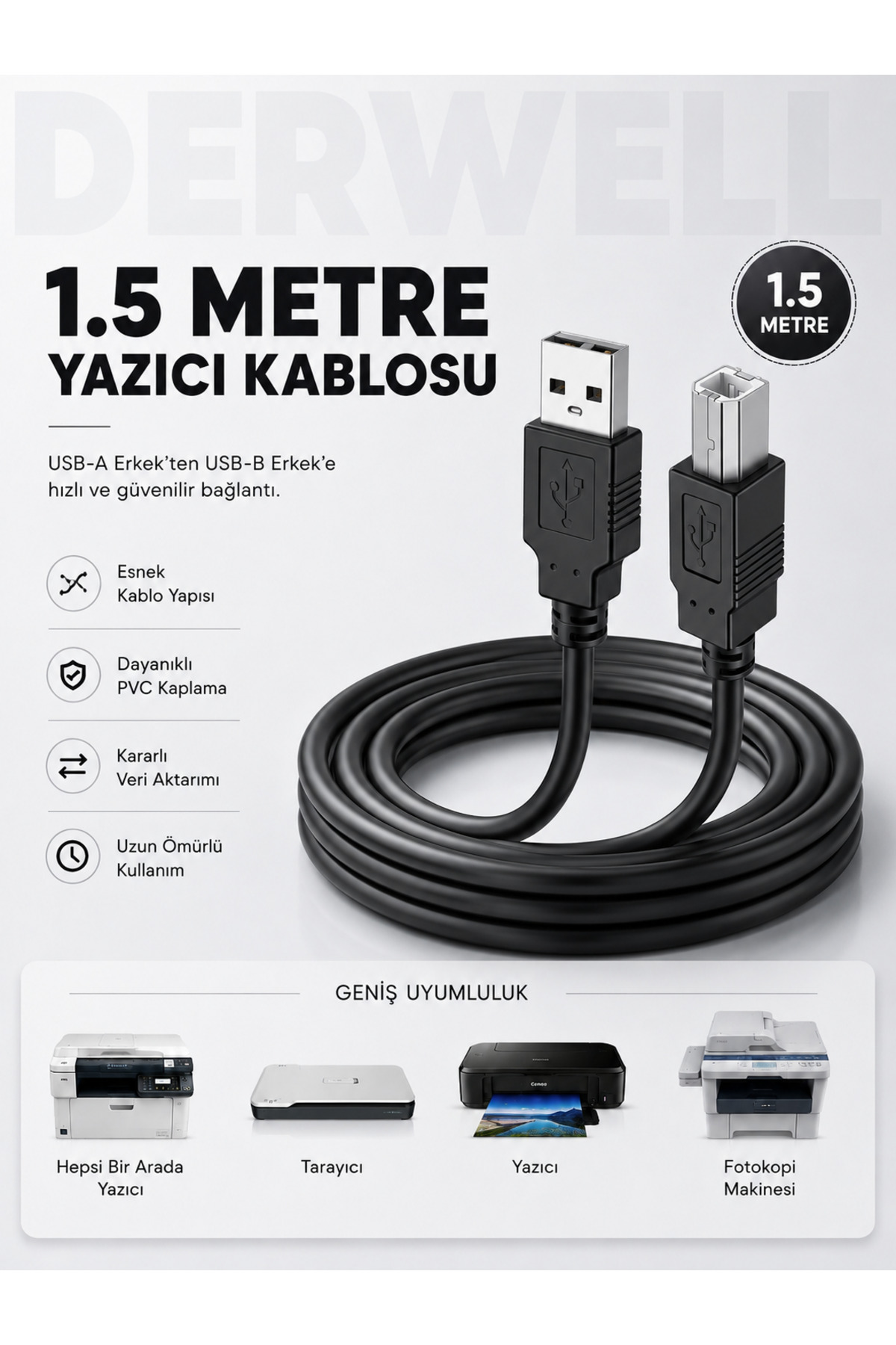 YENİ 2026 1.5 METRE YAZICI KABLOSU - MIDI Org Ses Kartı DJ Ekipman Tarayıcı Bağlantı Kablosu; PC Laptop Uyumlu Kayıpsız Sinyal İletim Saf Bakır Siyah Kare Uçlu Jak Dayanıklı Veri