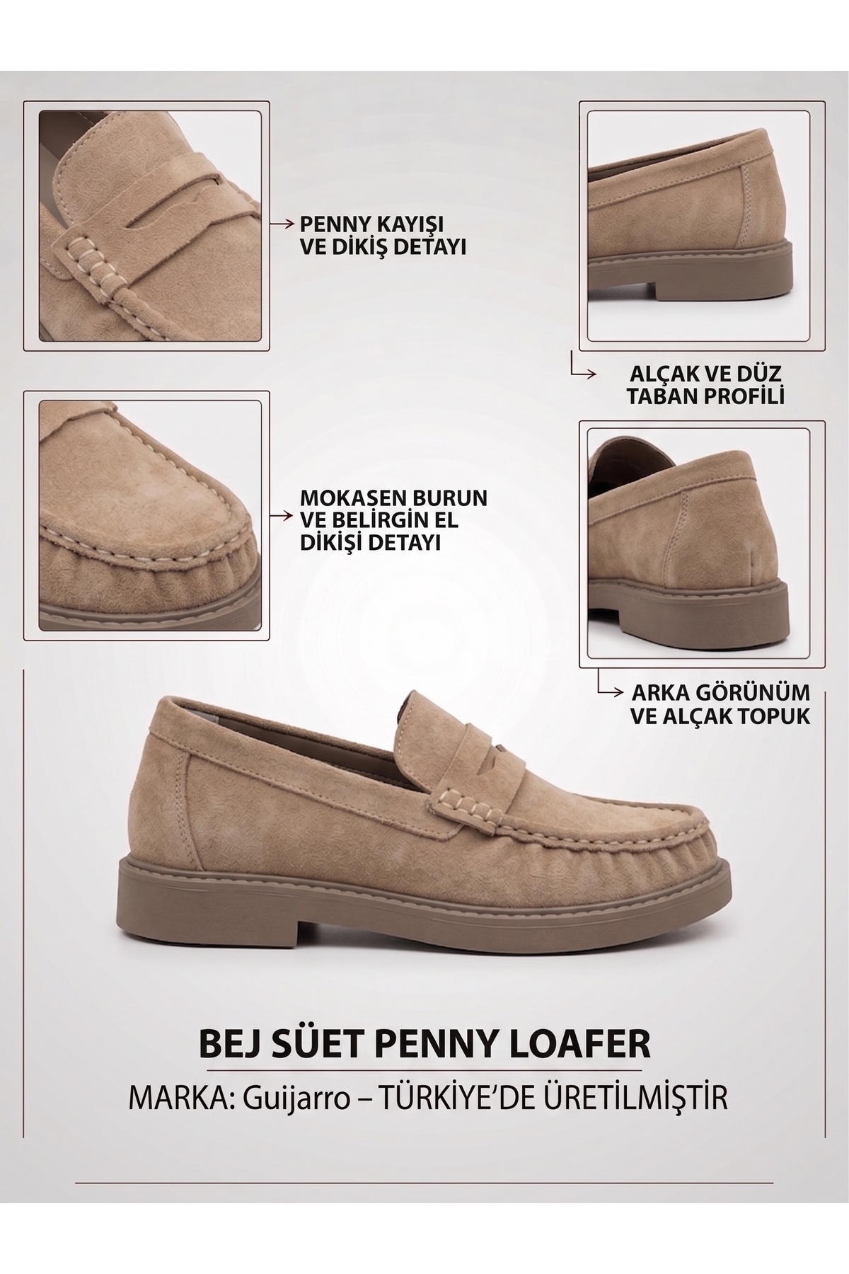 guijarro Bej Kadın Penny Hakiki Süet Loafer - Yeni Trend Süet Kaymaz Taban El Dikişli Günlük Ayakkabı görsel 8