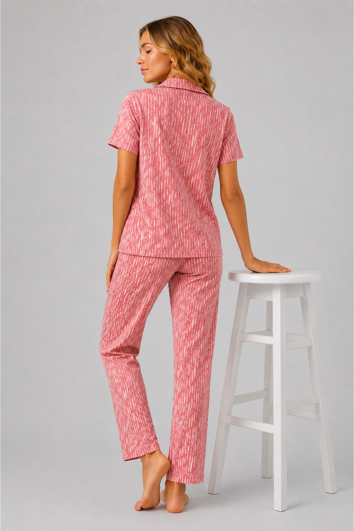 Pijamask Kadın Pembe Desenli Gömlek Yaka Kısa Kollu Düğmeli Uzun Pijama Takımı görsel 5
