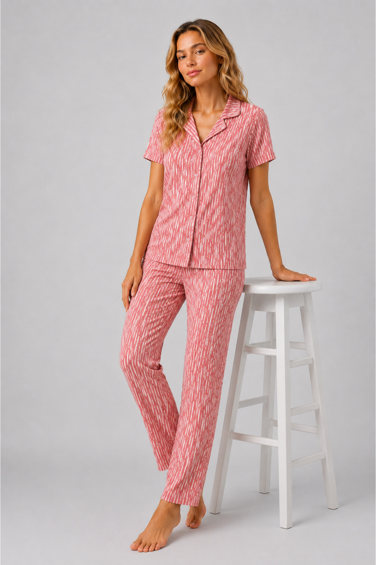 Pijamask Kadın Pembe Desenli Gömlek Yaka Kısa Kollu Düğmeli Uzun Pijama Takımı görsel 2