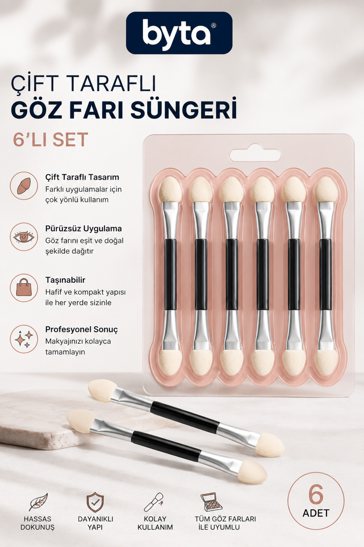 BYTA Çift Taraflı Göz Farı Aplikatörü 6’lı Set – Sünger Uçlu Far Fırçası Makyaj Aparatı — BYTA-AYK-035