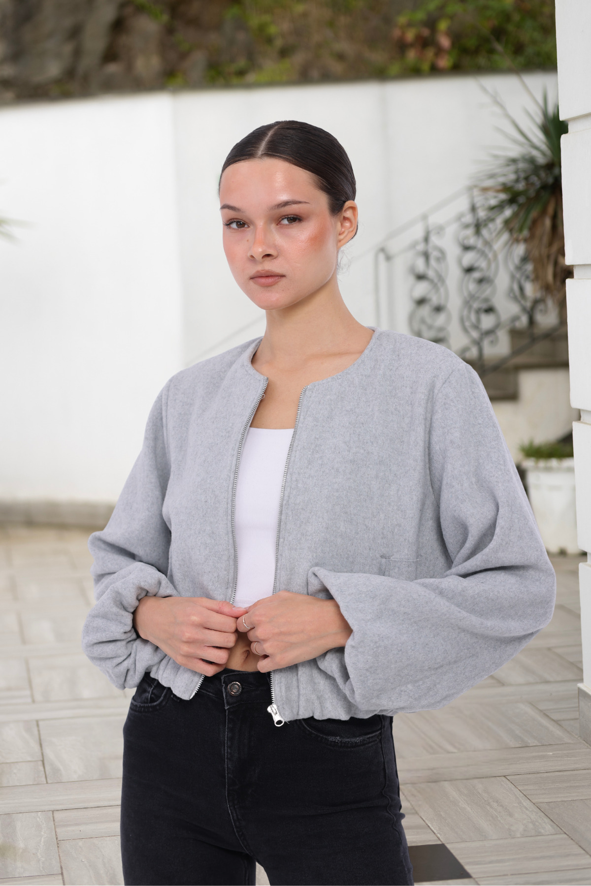 T SteepRockt Kadın Kaşe Bomber Ceket Gri Astarlı Fermuarlı Kısa Model görsel 2