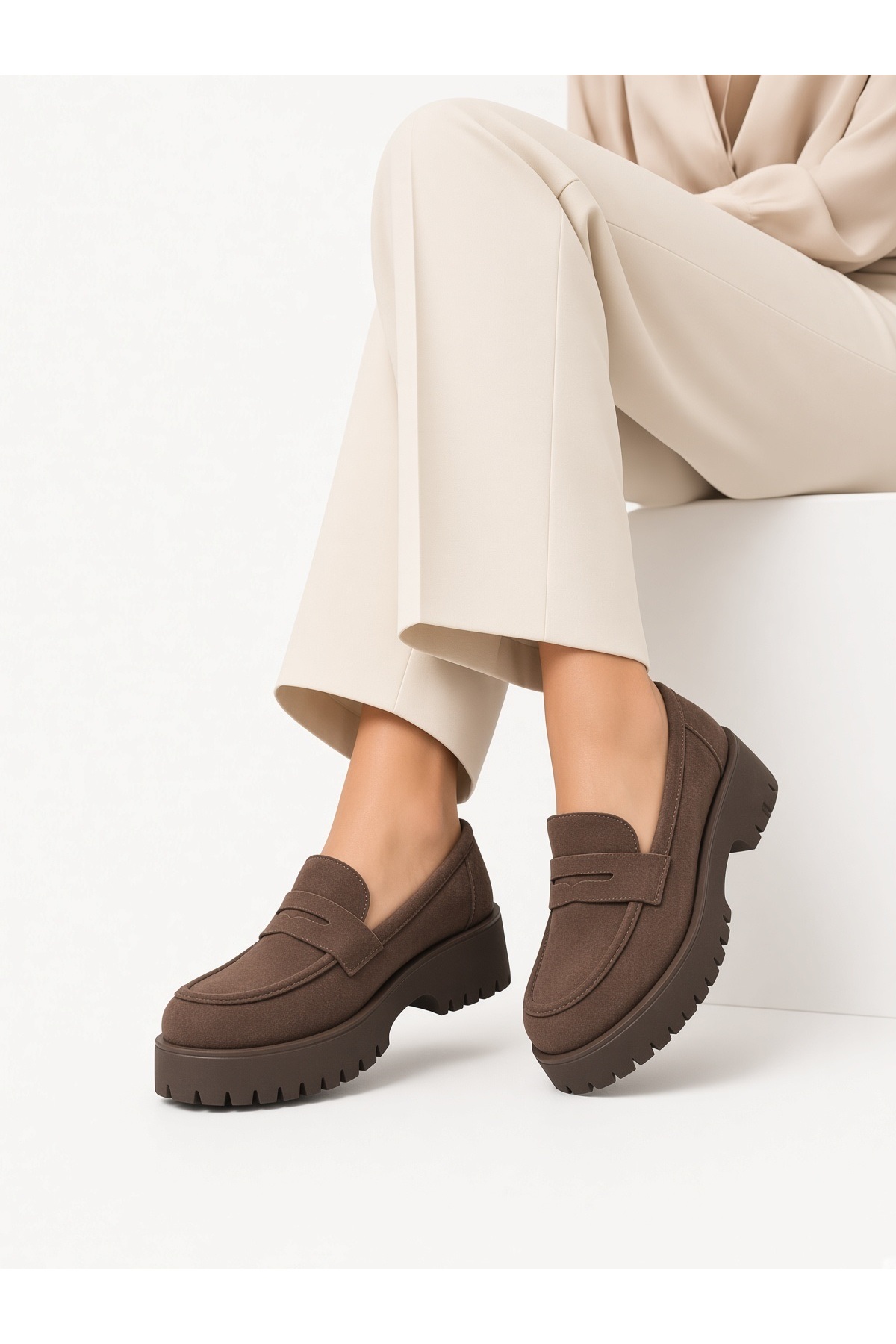 McDark Kadın Günlük Loafer Hafif Taban Süet Malzeme Casual Ayakkabı-KAHVE SÜET görsel 5