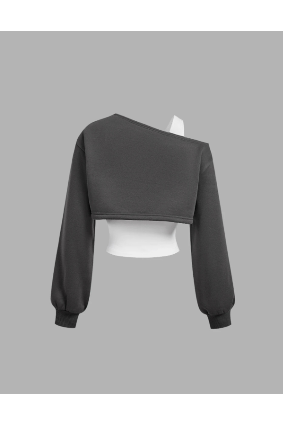 MOONBULL Kadın Çok Yönlü Düz Renk Asimetrik Omuzlu Askılı Üst ve Asimetrik Omuzlu Kısa Uzun Kollu Sweatshirt Takımı görsel 2