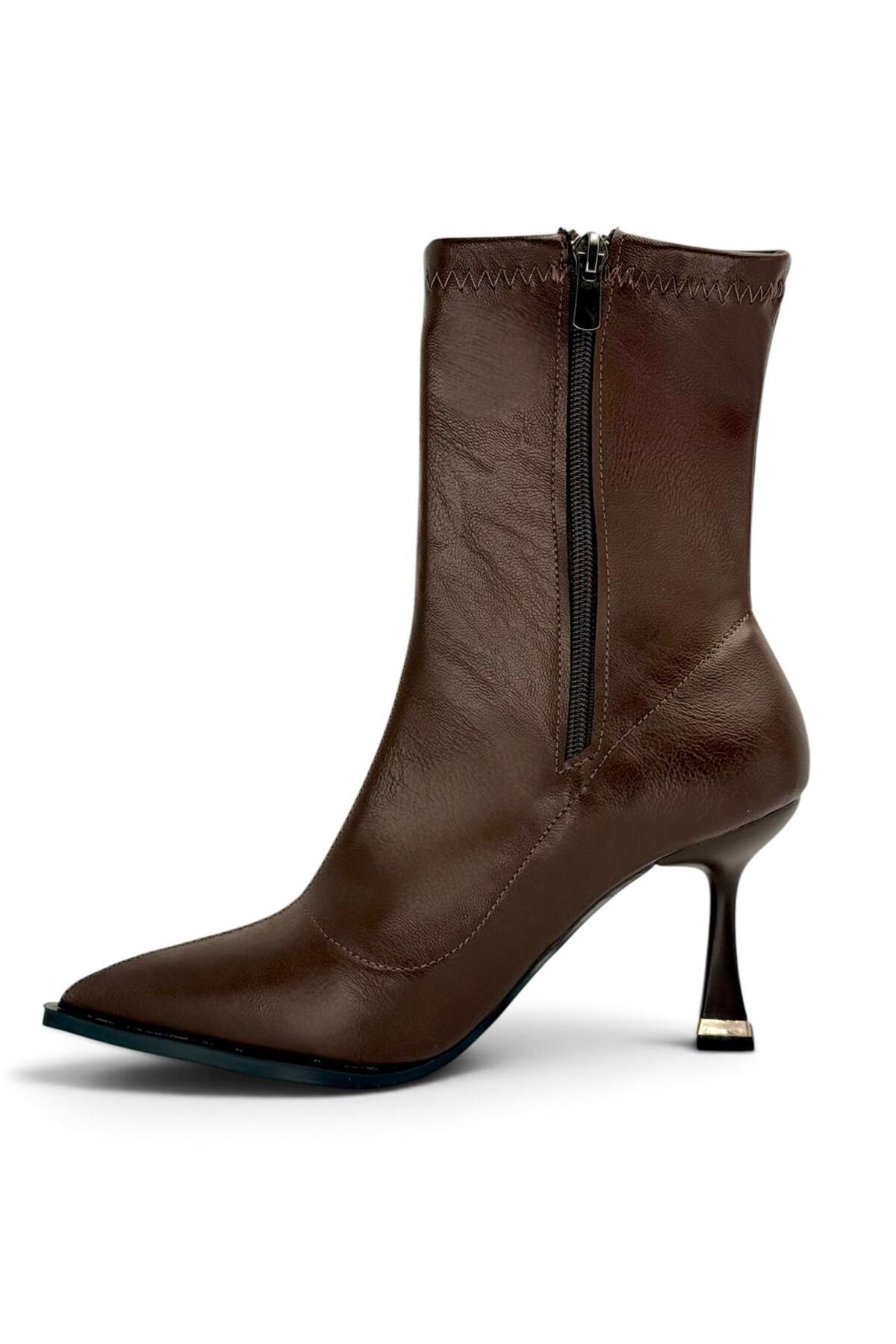 besoin shoes store Kaymaz Taban İnce Topuklu Streç Fermuar Detaylı Kadın Bot Acıkahve 9 cm görsel 7