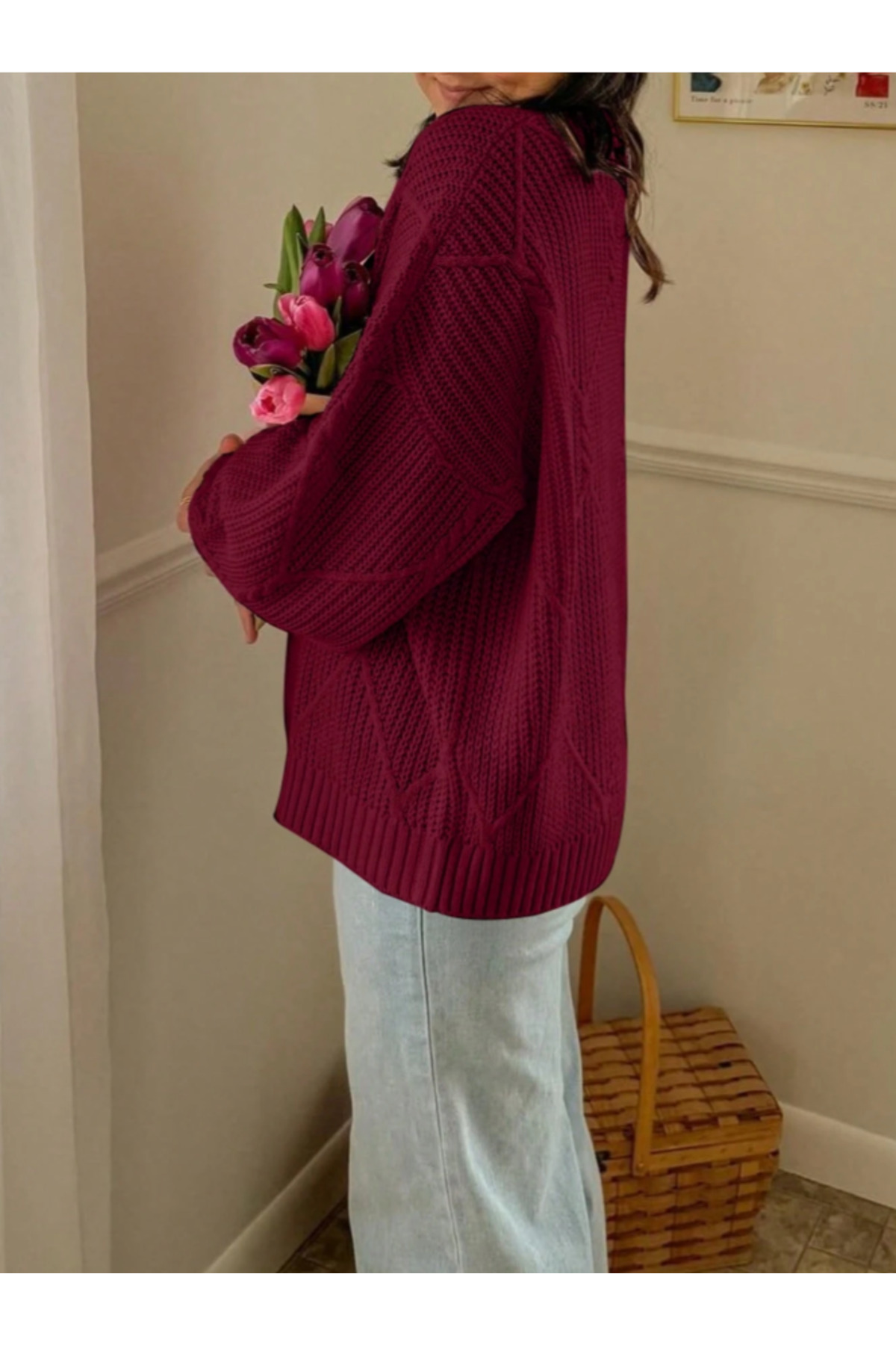 SAYZEN YOUR SHİNE selanik örgülü oversize bisiklet yaka oversize kadın kazak görsel 4