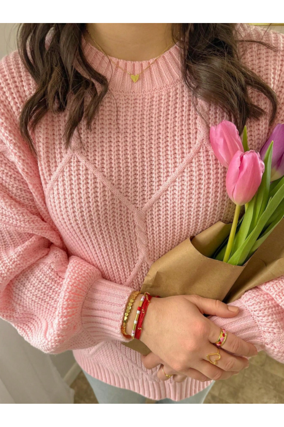SAYZEN YOUR SHİNE selanik örgülü oversize bisiklet yaka oversize kadın kazak görsel 4