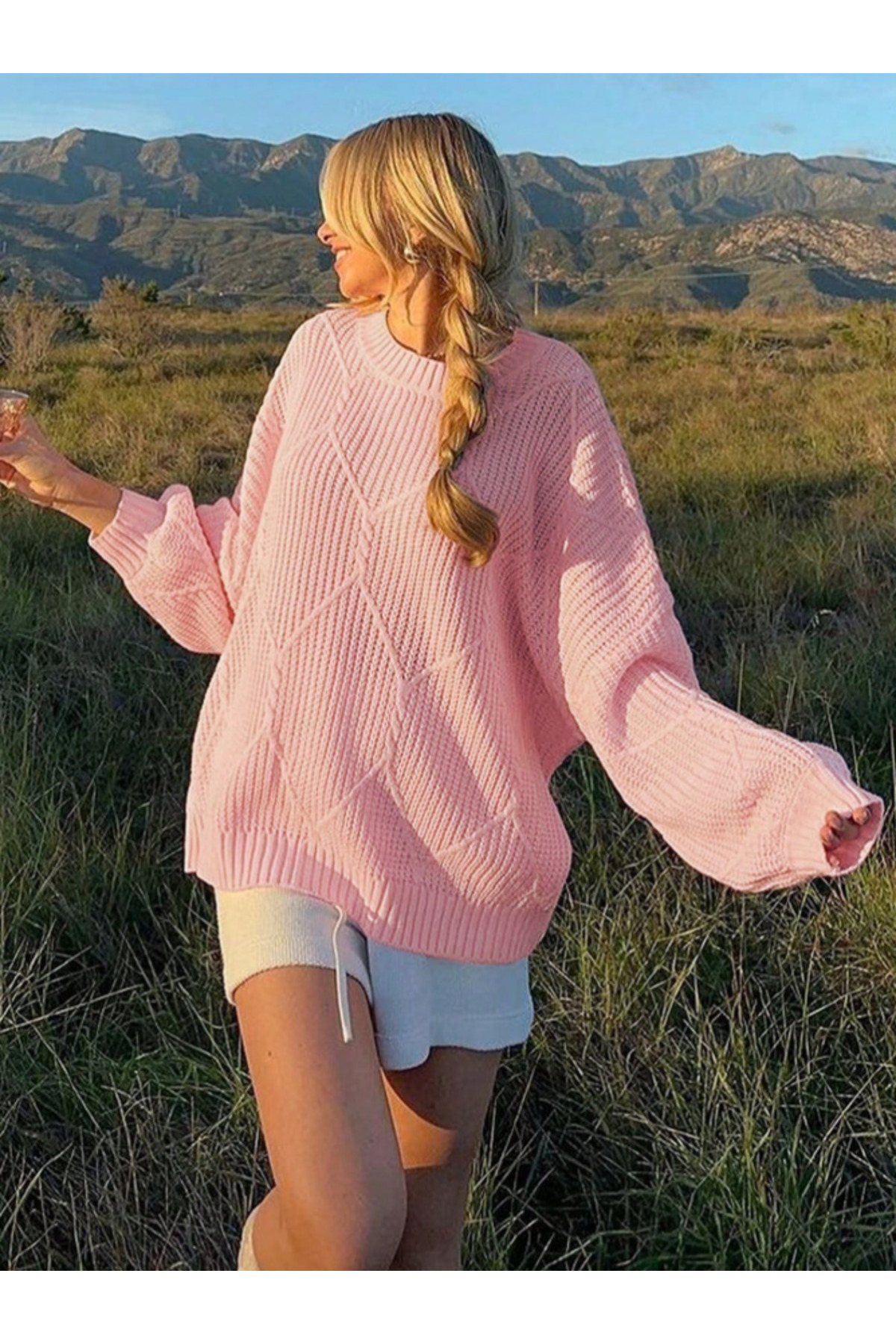SAYZEN YOUR SHİNE selanik örgülü oversize bisiklet yaka oversize kadın kazak görsel 8