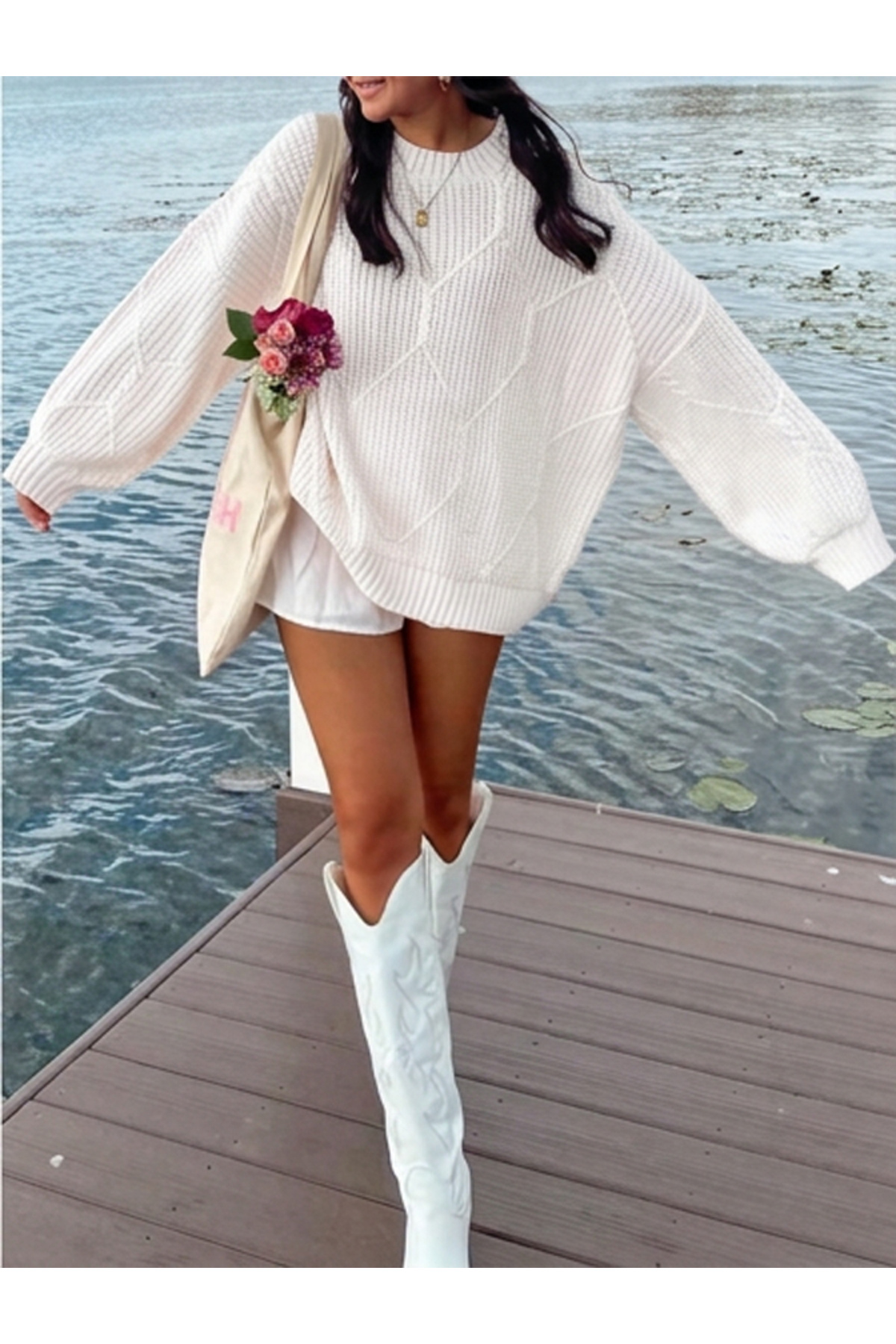 SAYZEN YOUR SHİNE selanik örgülü oversize bisiklet yaka oversize kadın kazak görsel 4