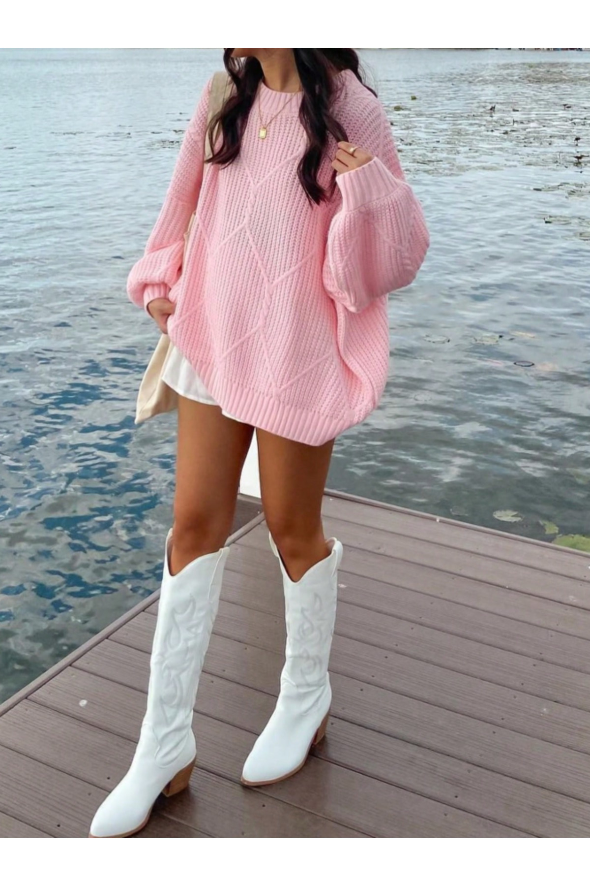 SAYZEN YOUR SHİNE selanik örgülü oversize bisiklet yaka oversize kadın kazak görsel 6