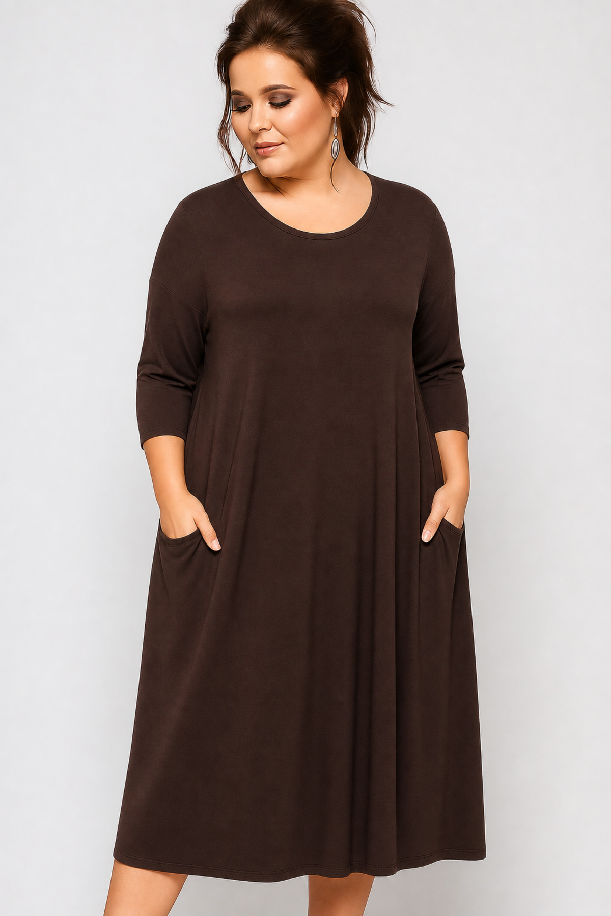 Curvy Trend Büyük Beden Geniş Kesim Uzun Kol Viskon Elbise Kahverengi görsel 2