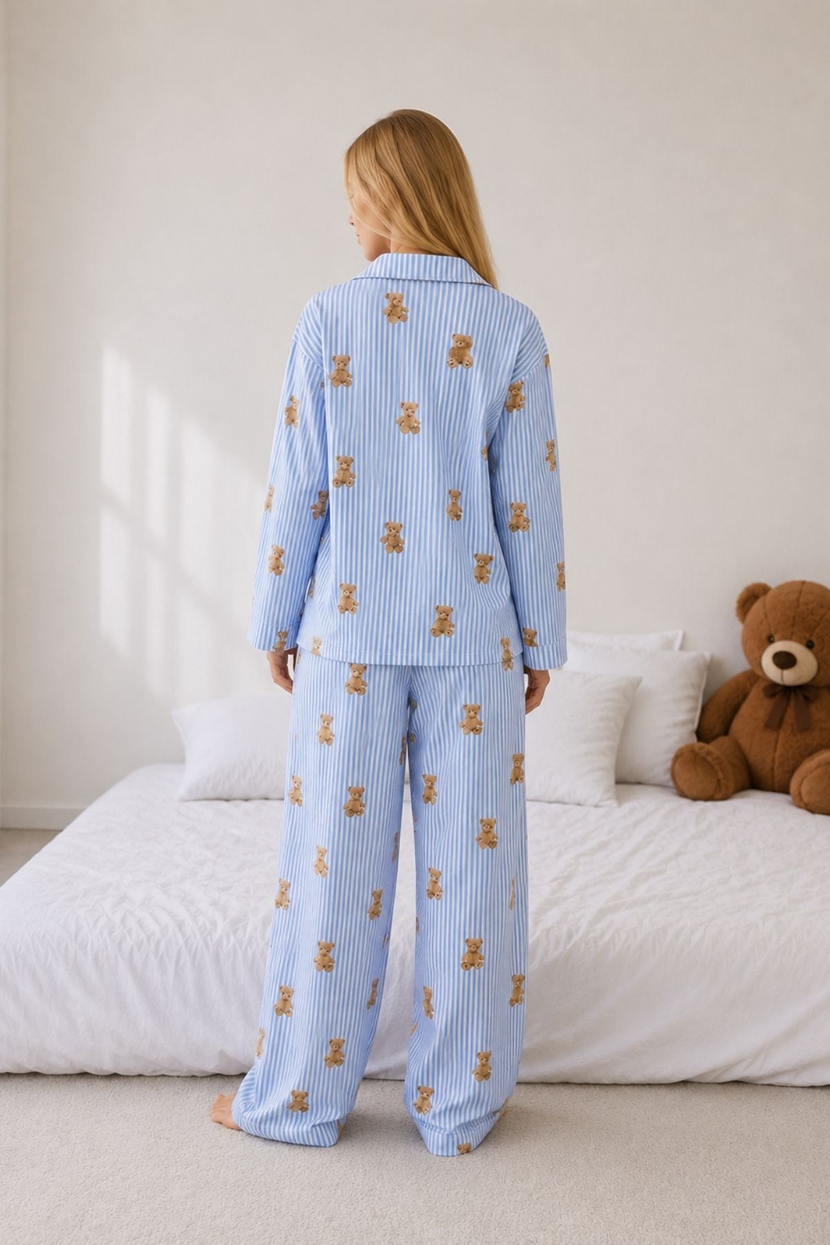 BELLA NOTTE Mavi Çizgili Ayıcık Desenli Gömlek Yaka Düğmeli Uzun Kollu Kadın Pijama Takımı görsel 4