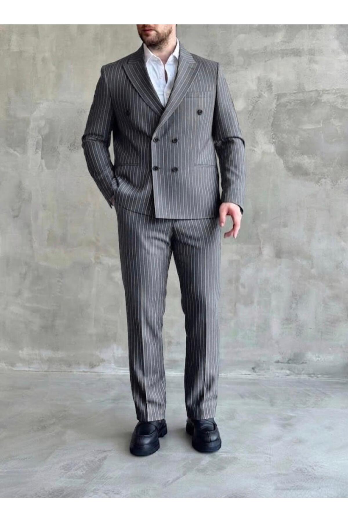 Gri Çizgili Oversize Takım Elbise — خاکستری 30000