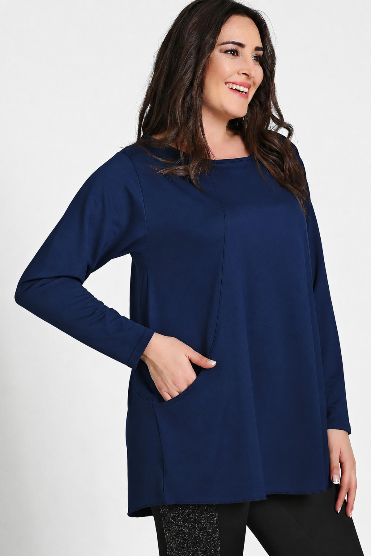 Curvy Trend Büyük Beden Cepli Parçalı Tunik Lacivert görsel 2
