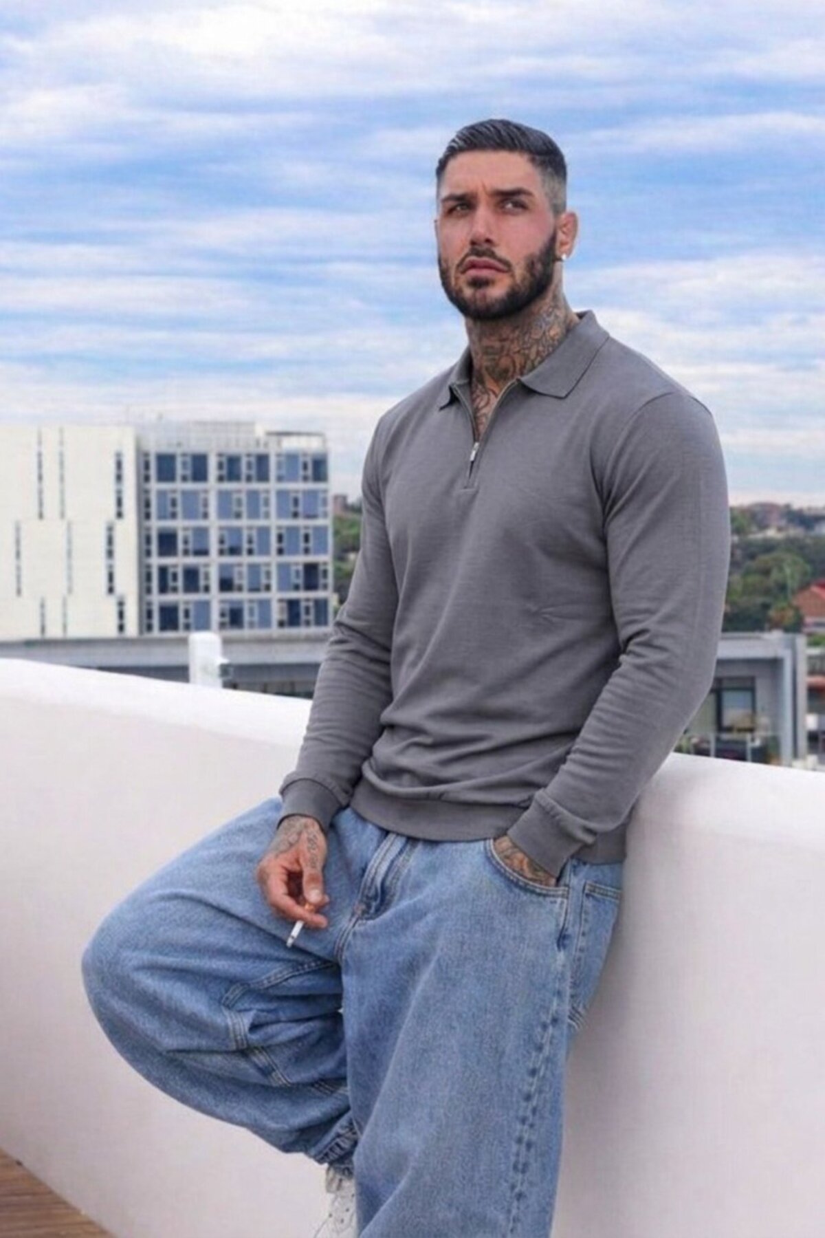 Maccali Erkek Günlük Büyük Beden Casual Füme Sweatshirt