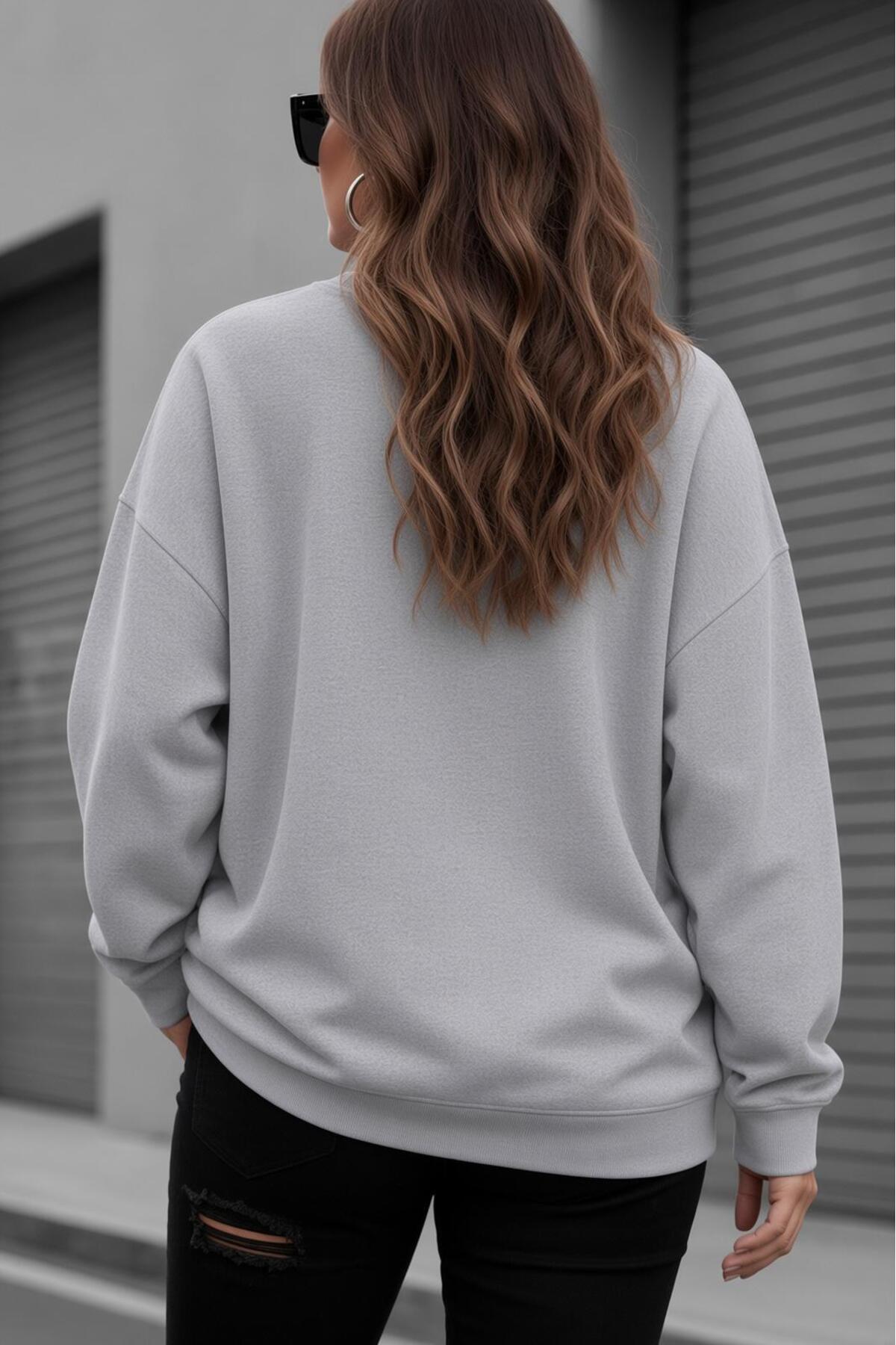 Oksit Uly Kadın Büyük Beden Battal Basic Bisiklet Yaka İki İplik Pamuklu Sweatshirt Rahat Kesim Unisex Sev görsel 2
