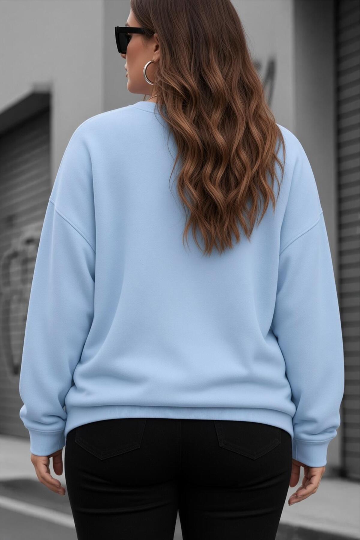Oksit Uly Kadın Büyük Beden Battal Basic Bisiklet Yaka İki İplik Pamuklu Sweatshirt Rahat Kesim Unisex Sev görsel 2