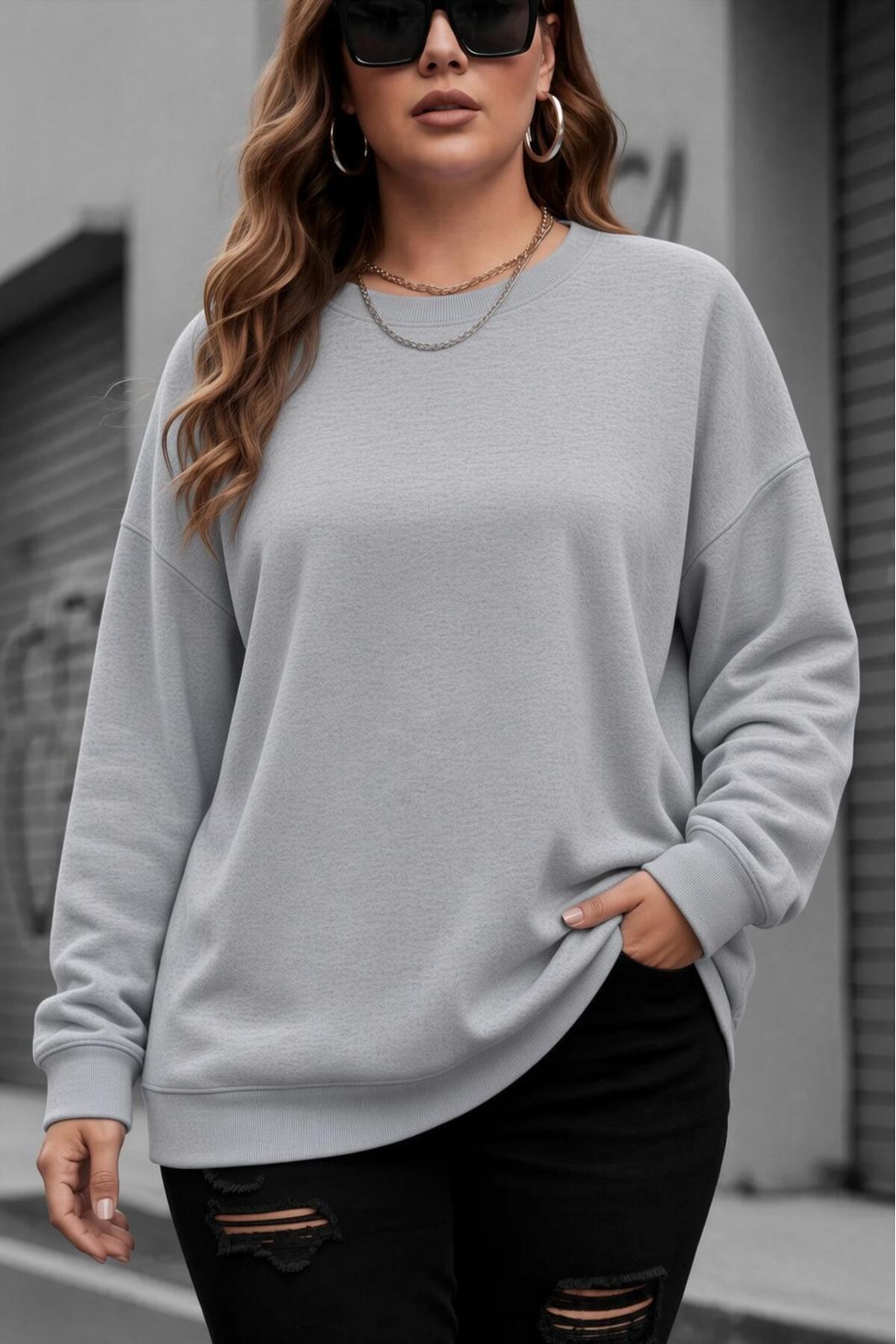 Oksit Uly Kadın Büyük Beden Battal Basic Bisiklet Yaka İki İplik Pamuklu Sweatshirt Rahat Kesim Unisex Sev