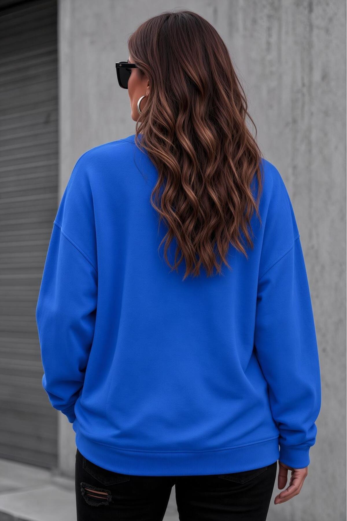 Oksit Uly Kadın Büyük Beden Battal Basic Bisiklet Yaka İki İplik Pamuklu Sweatshirt Rahat Kesim Unisex Sev görsel 2