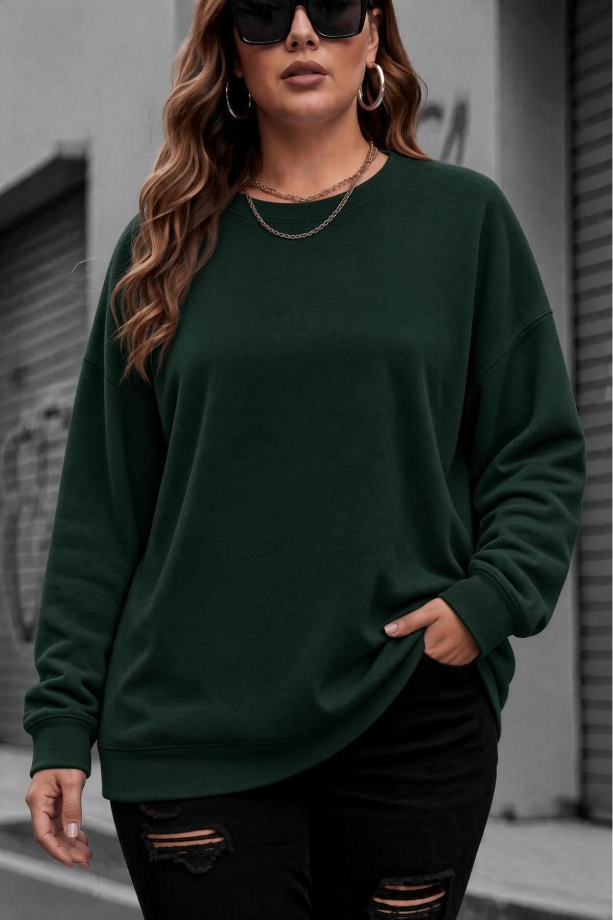 Oksit Uly Kadın Büyük Beden Battal Basic Bisiklet Yaka İki İplik Pamuklu Sweatshirt Rahat Kesim Unisex Sev — خاکستری ulykbbs