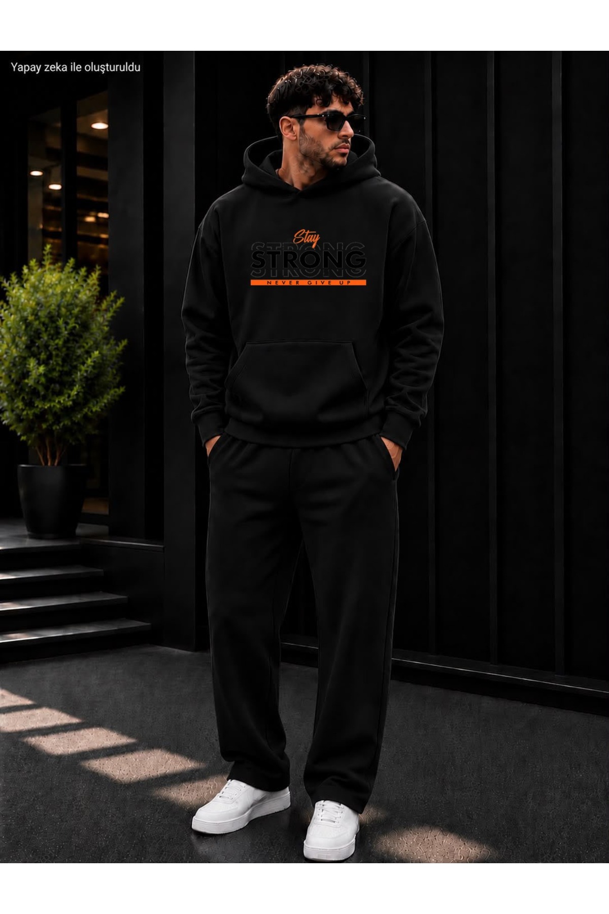 Erkek Stay Strong Baskılı Eşofman Takımı / Kapüşonlu Kanguru Cepli Sweatshirt ve Düz Paça Alt — مشکی CKTK0290827