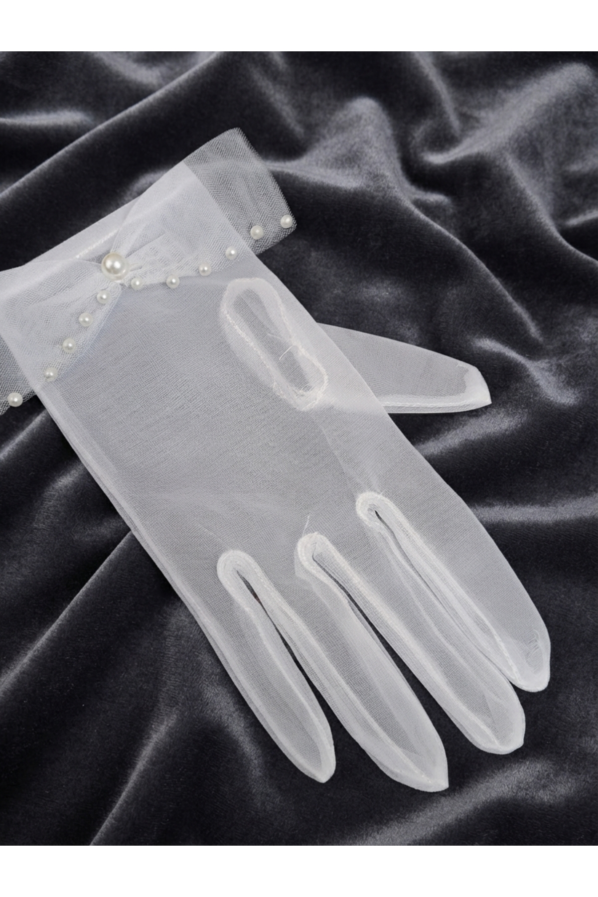 Esram Butik İnci Ve Kurdele Detaylı Transparan Gelin Eldiveni, Nikah Düğün Nişan Aksesuarı ve Dış Çekim Eldiveni görsel 5