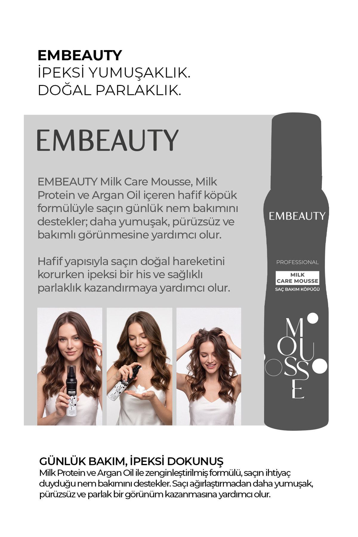 Milk Care Mousse Hacim ve Dolgunluk Veren Saç Bakım Köpüğü Milk Protein & Argan Oil 200 ml — milksaçköpük — تصویر 3 از 7