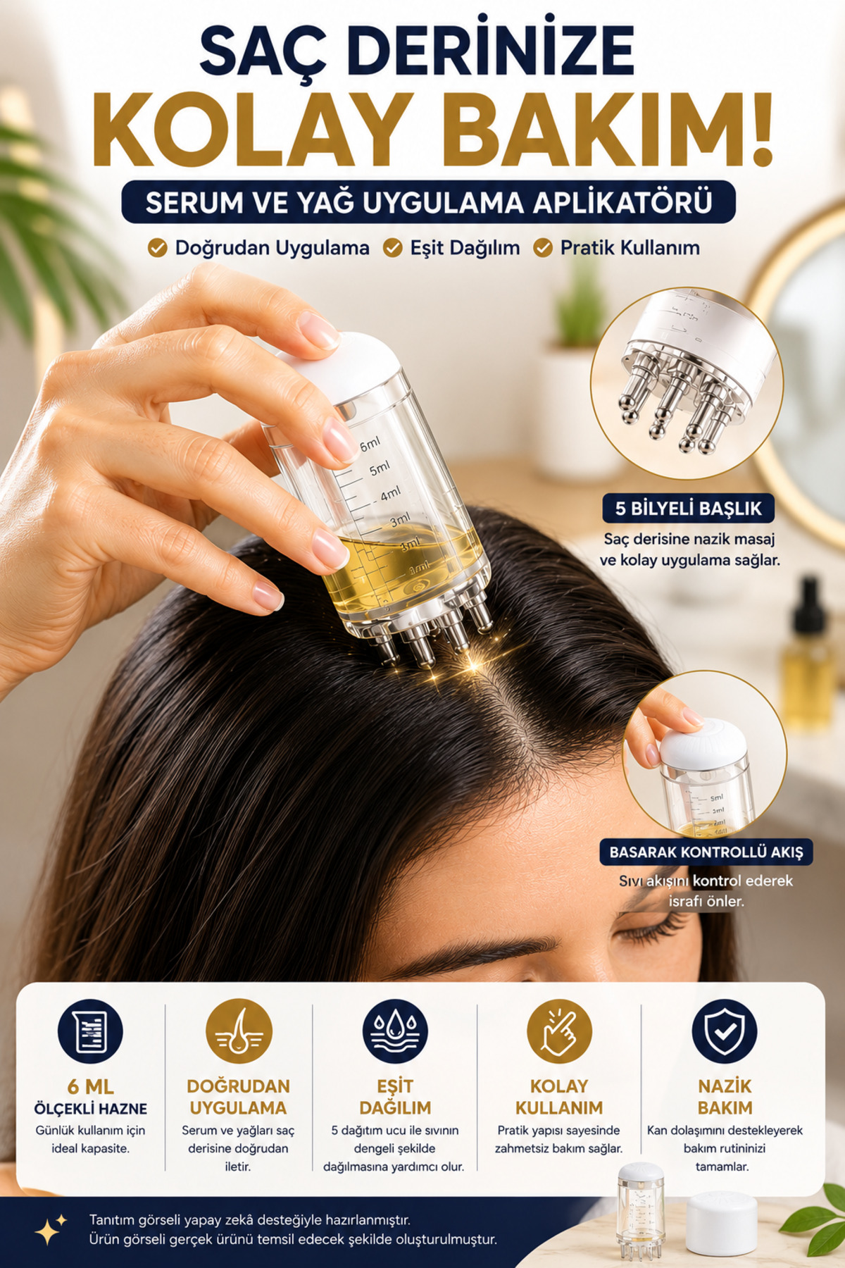 OpenCity Saç Derisi Masaj Aleti 6 ml Serum Yağ Uygulama Aplikatörü 5 Bilyeli Ölçekli Bakım ve Uygulama Aparat — OPH-002747