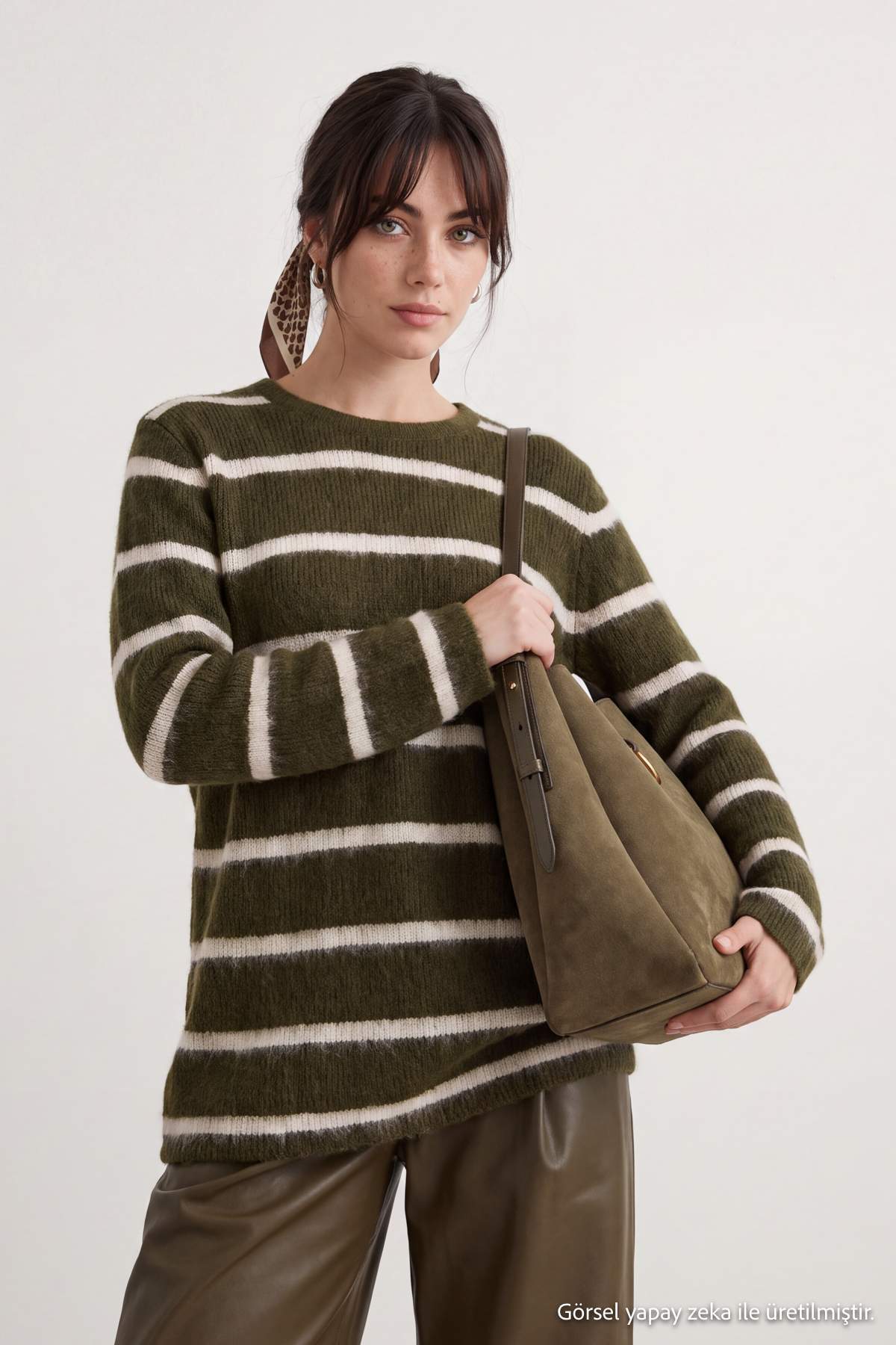 Trendyolmilla Modest Açık Haki Çizgili Yumuşak Dokulu Triko Kazak TCTAW26AK00004