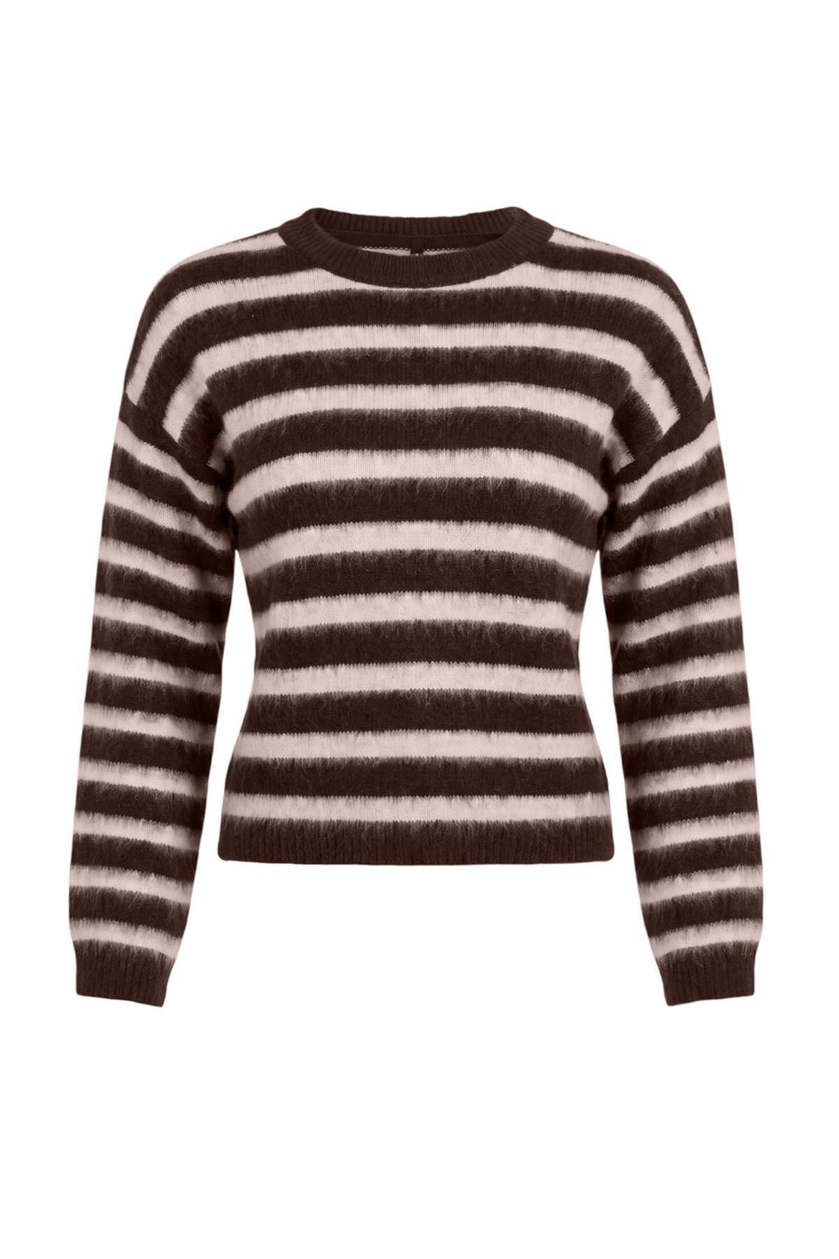 Trendyolmilla Kahverengi Çizgili Oversize Bisiklet Yaka Yumuşak Bereli Triko Kazak TWOAW27KZ00198