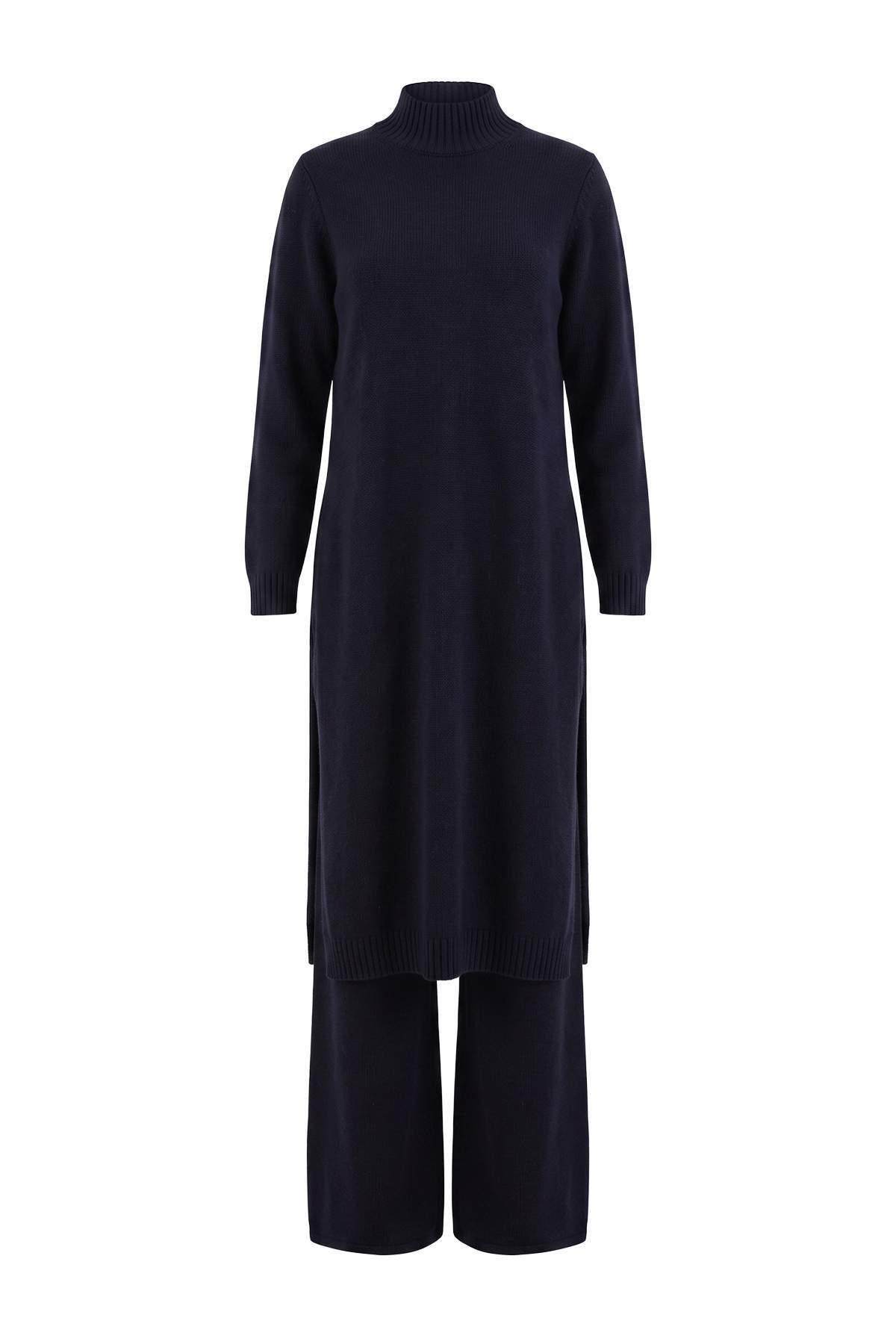 Trendyolmilla Modest Lacivert Dik Yaka Regular Düz Triko Yırtmaçlı Tesettür Alt - Üst Takım TCTAW27US00023