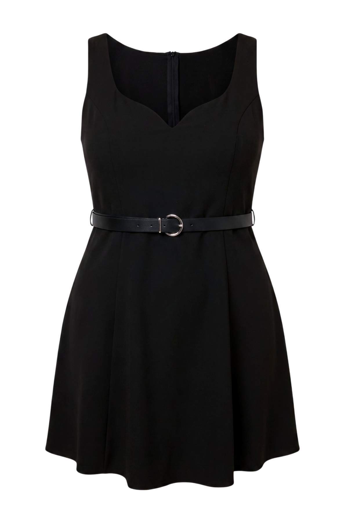 Trendyolmilla Curve Siyah Mini Kemerli Dokuma Büyük Beden Elbise TBBAW27AH00065