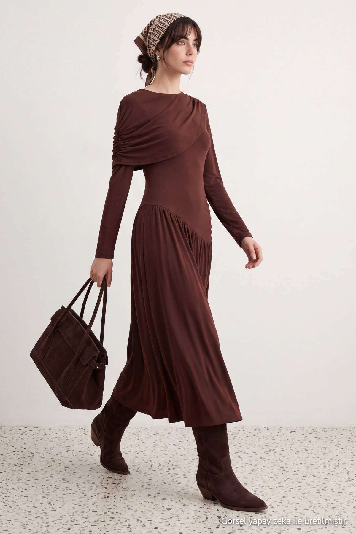 Trendyolmilla Kahverengi A-Kesim/Çan Form Büzgü/Drape Detaylı Astarsız Örme Tesettür Elbise TCTAW27EB00019