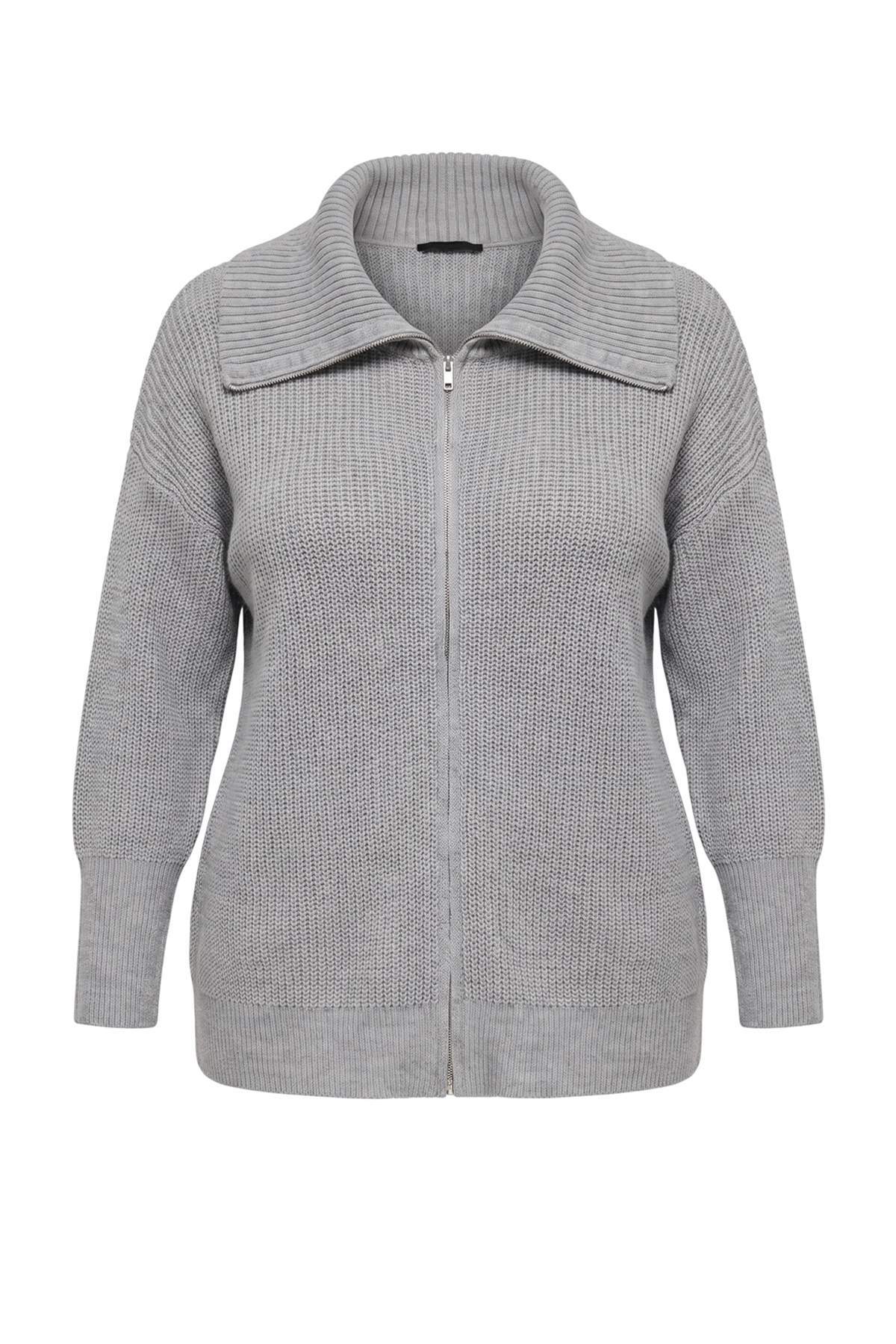 Trendyolmilla Curve Gri Melanj Devrik Yaka Fermuarlı Triko Hırka TBBAW25AV00009