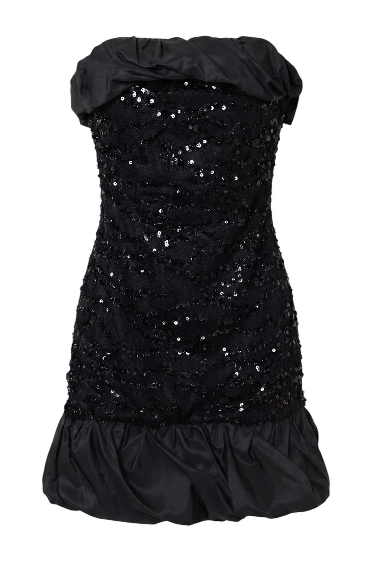Trendyolmilla Siyah Straplez Bodycone/Vücudu Saran Kısa / Mini Örme Payet Elbise TPRAW27EL00004