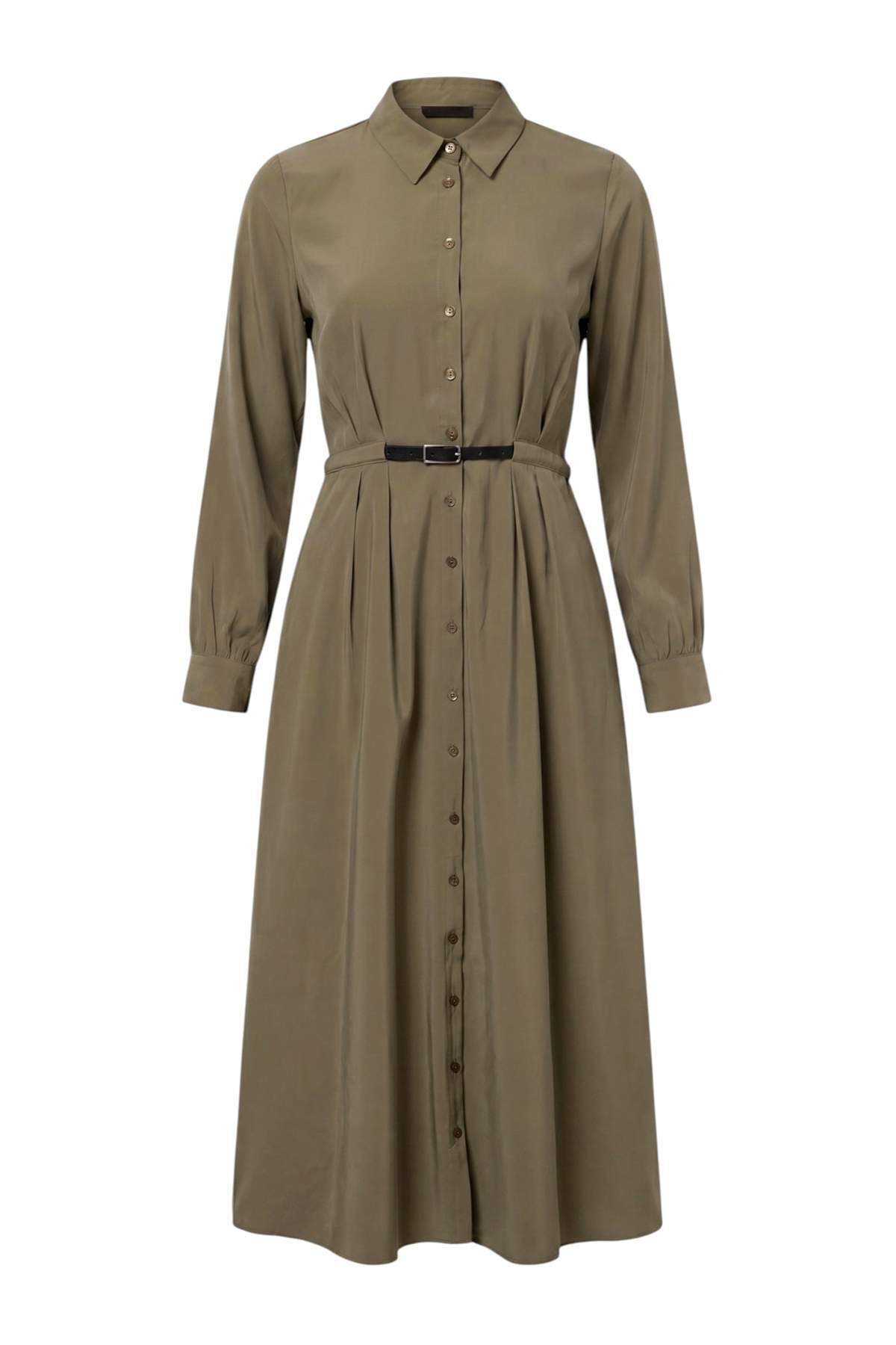 Trendyolmilla Modest Yeşil Kemer Detaylı Maxi Dokuma Tesettür Gömlek Elbise TCTAW27EB00029