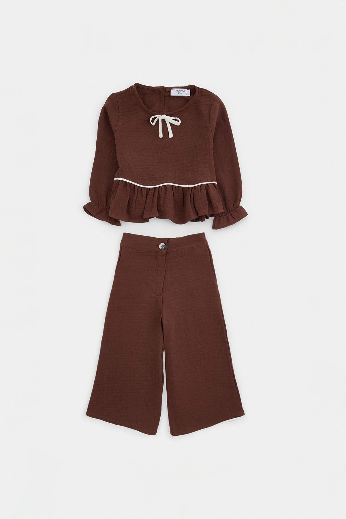 Trendyolmilla Kids Bordo Kız Çocuk %100 Pamuk Müslin Fiyonklu Dokuma Gömlek ve Pantolon Alt - Üst Takım TKDAW27AU00031