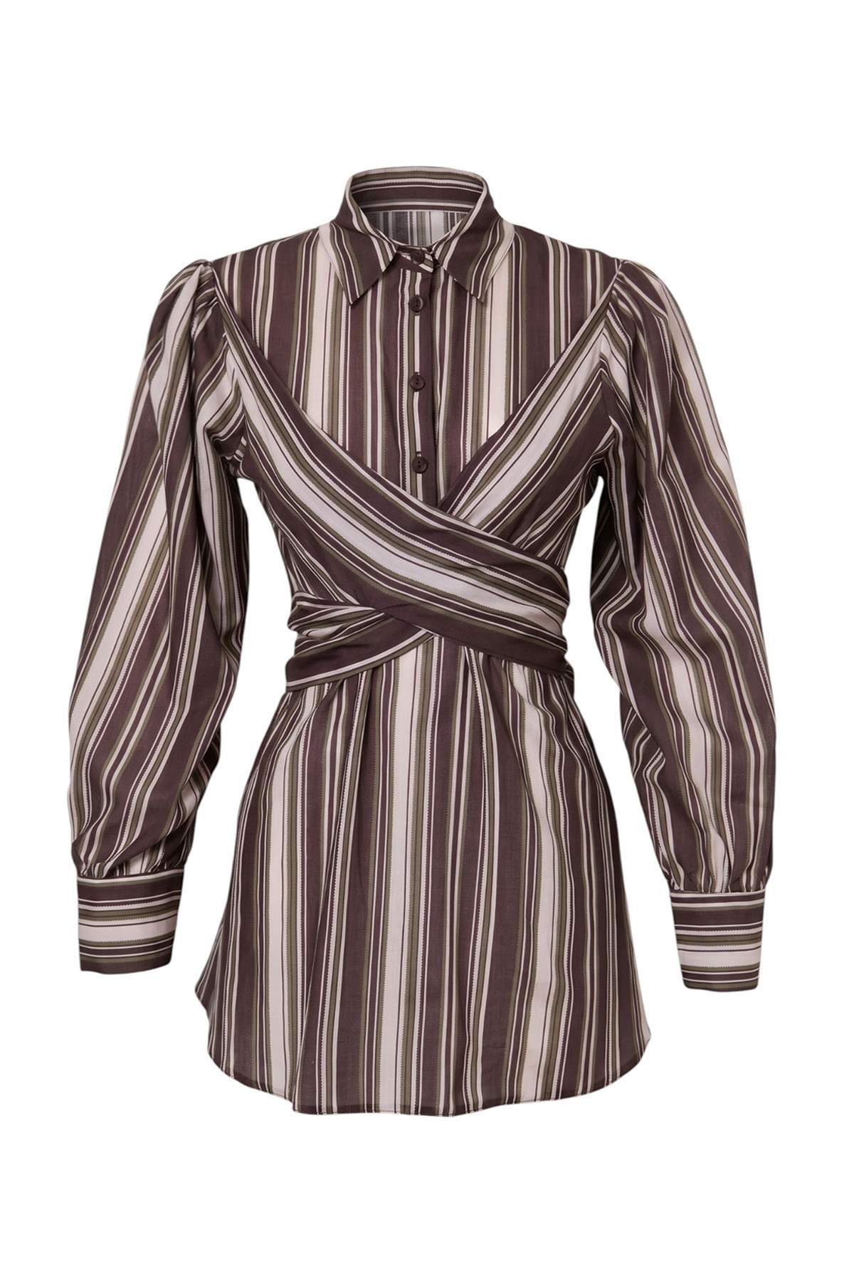 Trendyolmilla Kahverengi Yeşil Çizgili Oversize Bağlama Detaylı %100 Pamuk Vual Gömlek TCTAW27TG00013