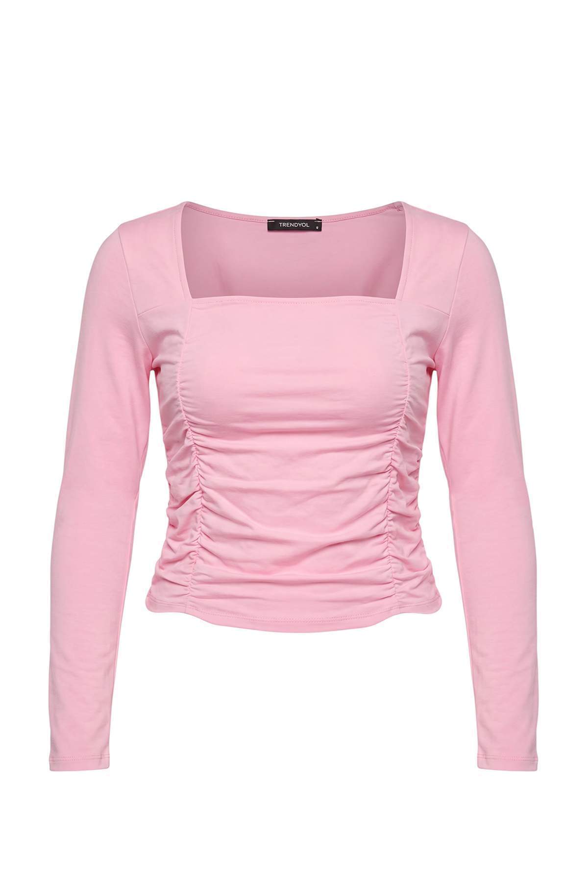Trendyolmilla Pembe Fitted/Vücuda Oturan Büzgülü Kare Yaka Süper Crop/Ekstra Kısa Yumuşak Örme Bluz TWOAW27BZ00259