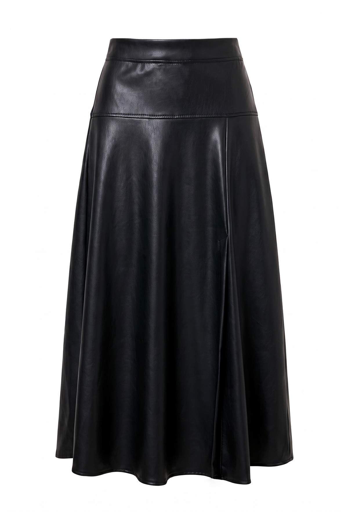 Trendyolmilla Siyah Düz Midi Skater/Belden Açılan Suni Deri Midi Boy Örme Etek TWOAW27ET00049