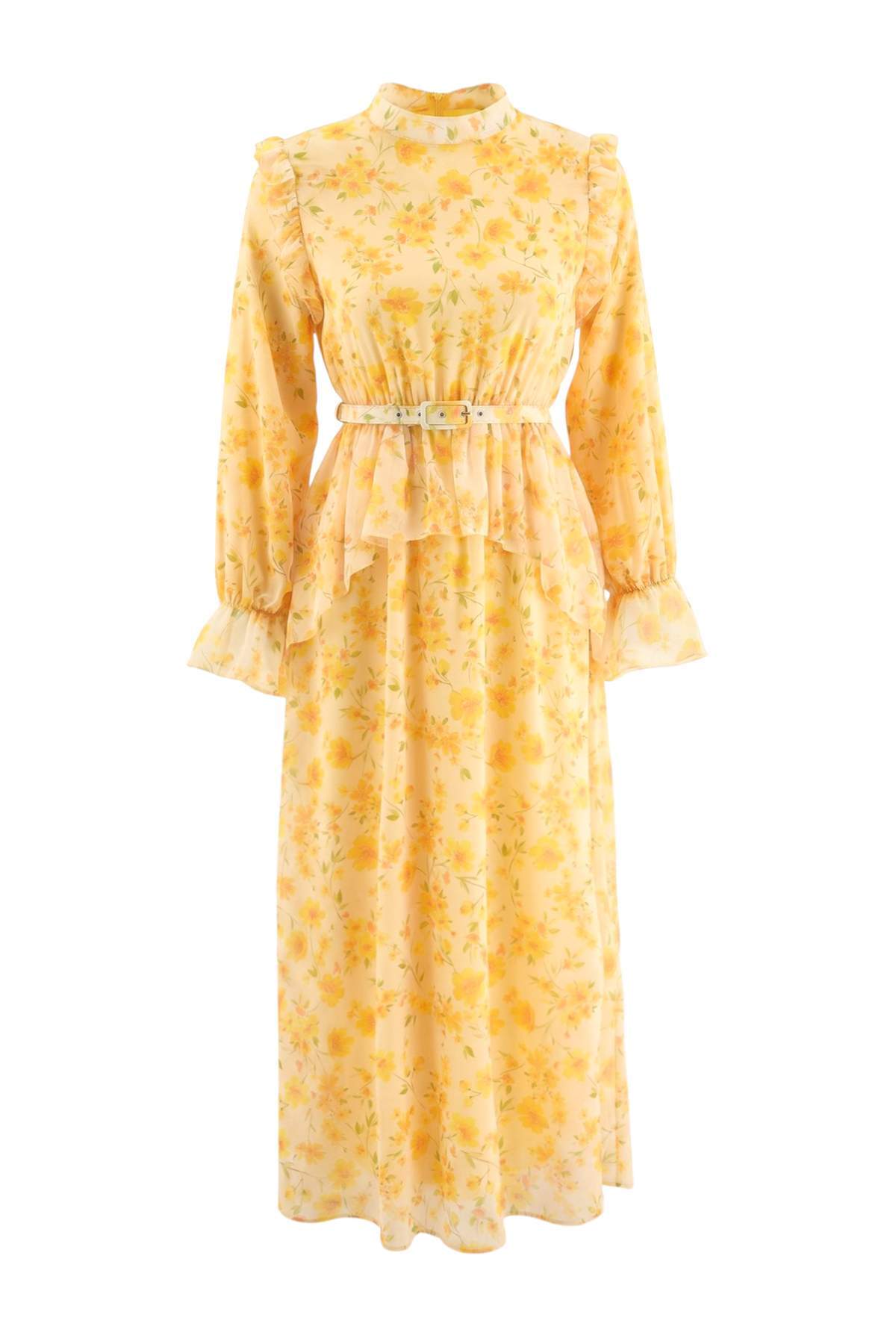 Trendyolmilla Modest Sarı Çok Renkli Şifon Astarlı Dokuma Çiçekli Elbise TCTSS25EB00097