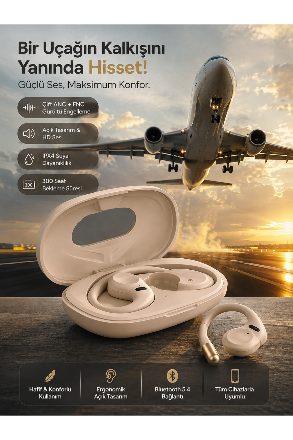 DEANB Bluetooth 5.4 OWS Kulaklık | Su Geçirmez IPX4, HD Stereo, Kablosuz, 500mAh Açık Tasarım